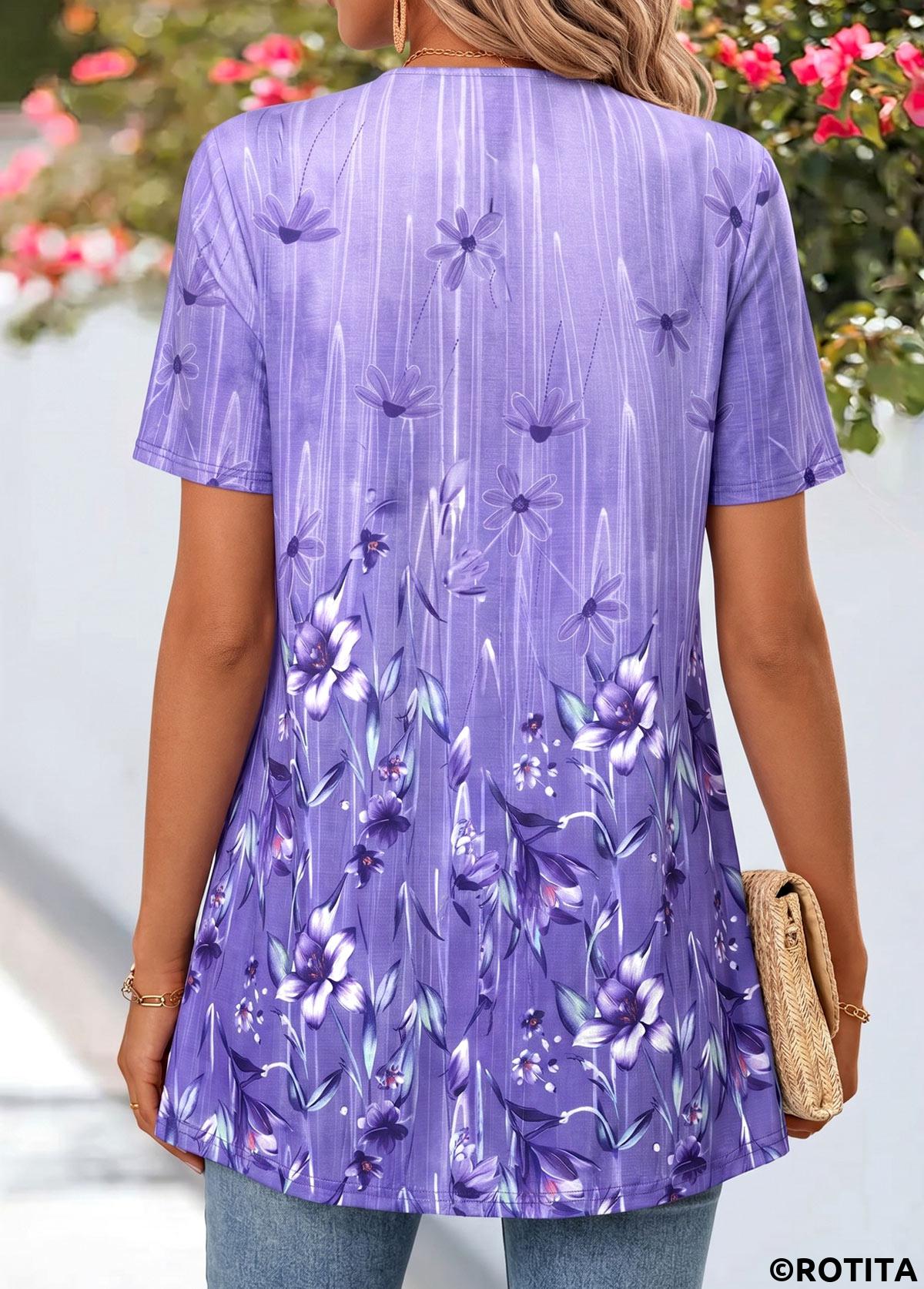 Purple tops,Floral tops,Plants tops,ROTITA Floral Print Purple Short Sleeve Fake Two Piece Twinset