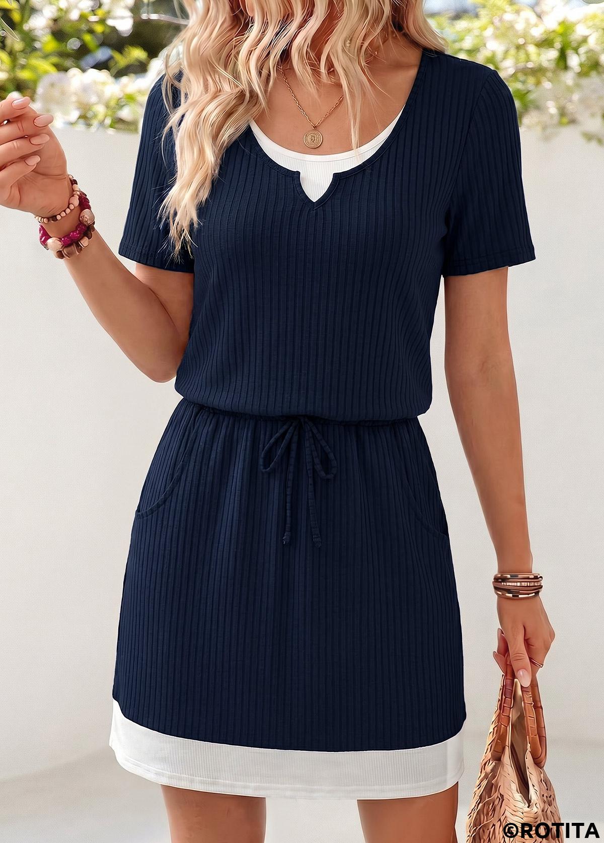 Navy dresses,Contrast Color dresses,Everyday dresses,Casual dresses,ROTITA Navy Fake 2in1 Short Round Neck Dress