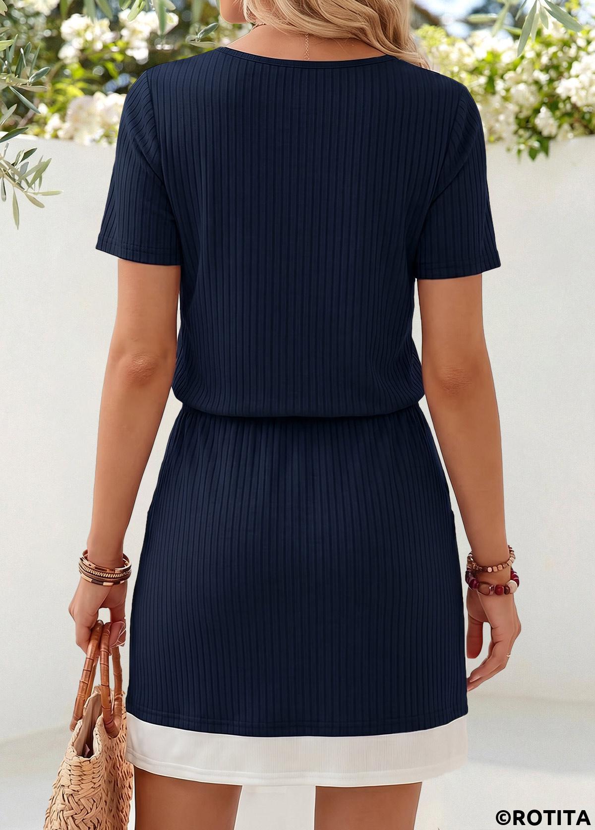 Navy dresses,Contrast Color dresses,Everyday dresses,Casual dresses,ROTITA Navy Fake 2in1 Short Round Neck Dress