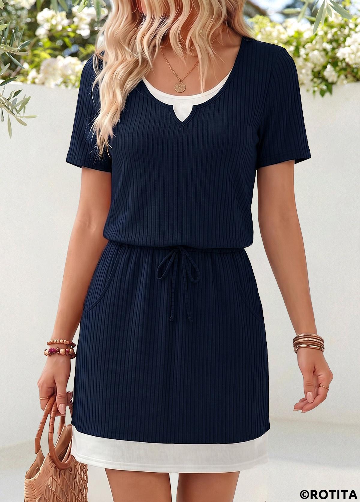 Navy dresses,Contrast Color dresses,Everyday dresses,Casual dresses,ROTITA Navy Fake 2in1 Short Round Neck Dress