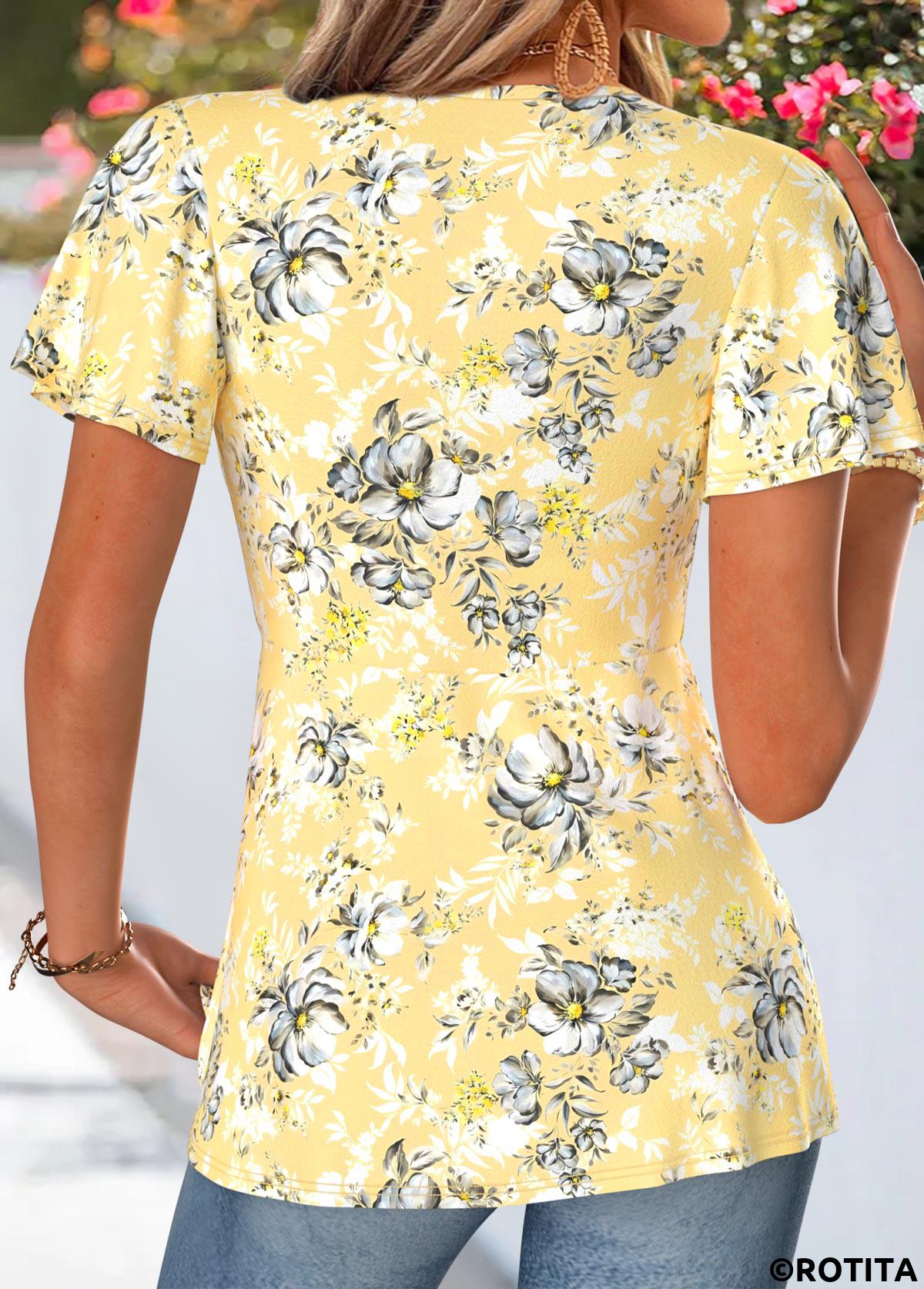 Yellow tops,Floral tops,Plants tops,ROTITA Twist Floral Print Yellow V Neck T Shirt