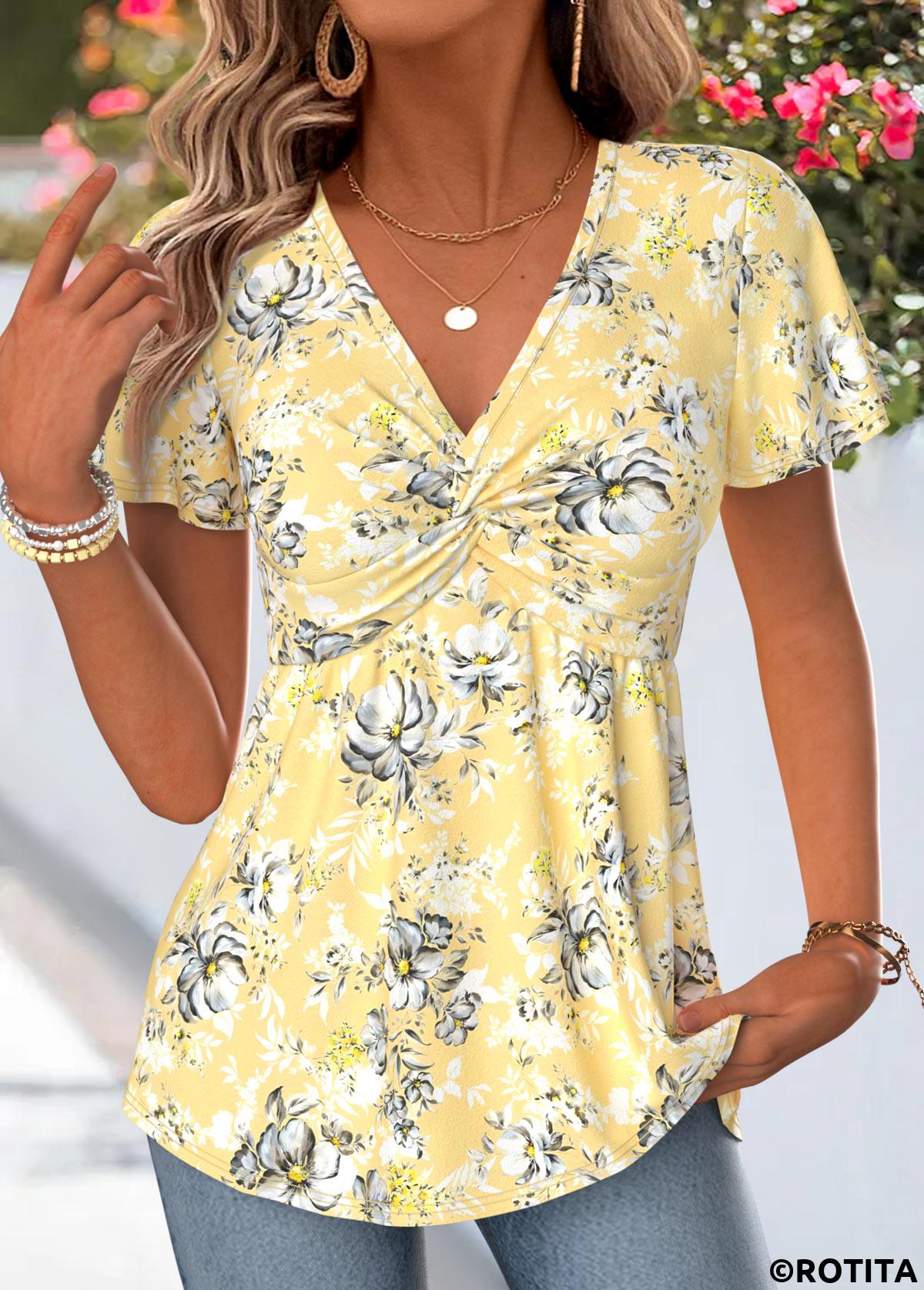 Yellow tops,Floral tops,Plants tops,ROTITA Twist Floral Print Yellow V Neck T Shirt