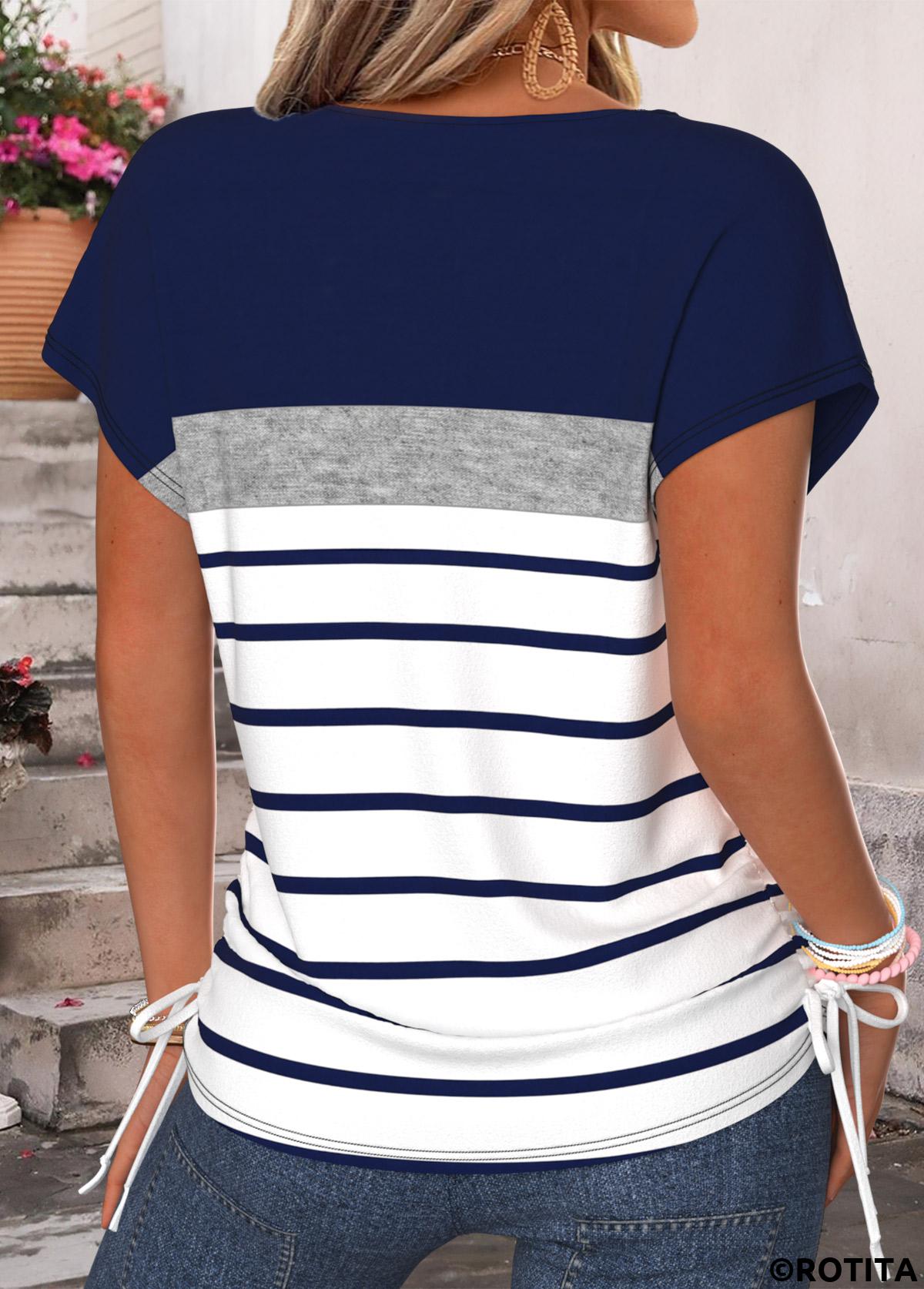 Navy tops,Striped tops,Geometric tops,ROTITA Bowknot Striped Navy V Neck Short Sleeve T Shirt