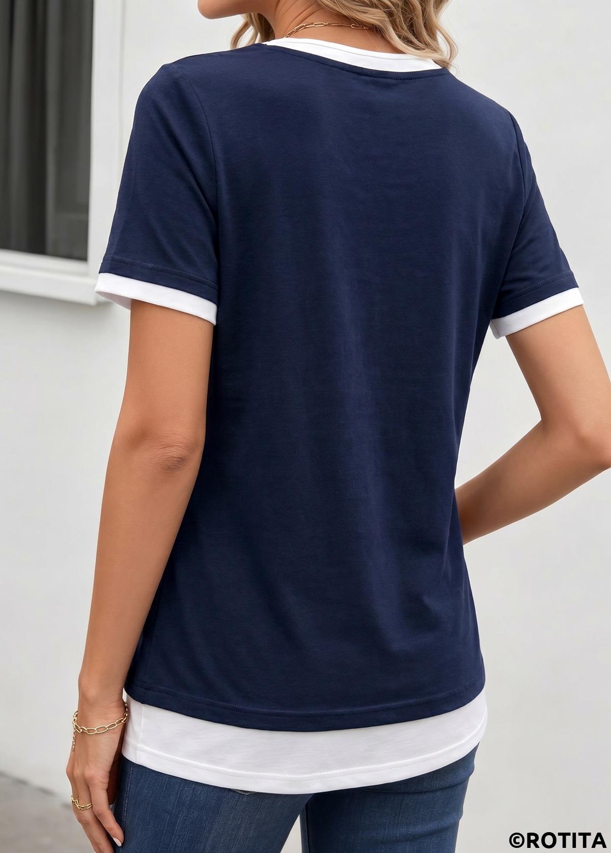 Navy tops,Contrast Color tops,ROTITA Fake 2in1 Navy Round Neck Short Sleeve T Shirt