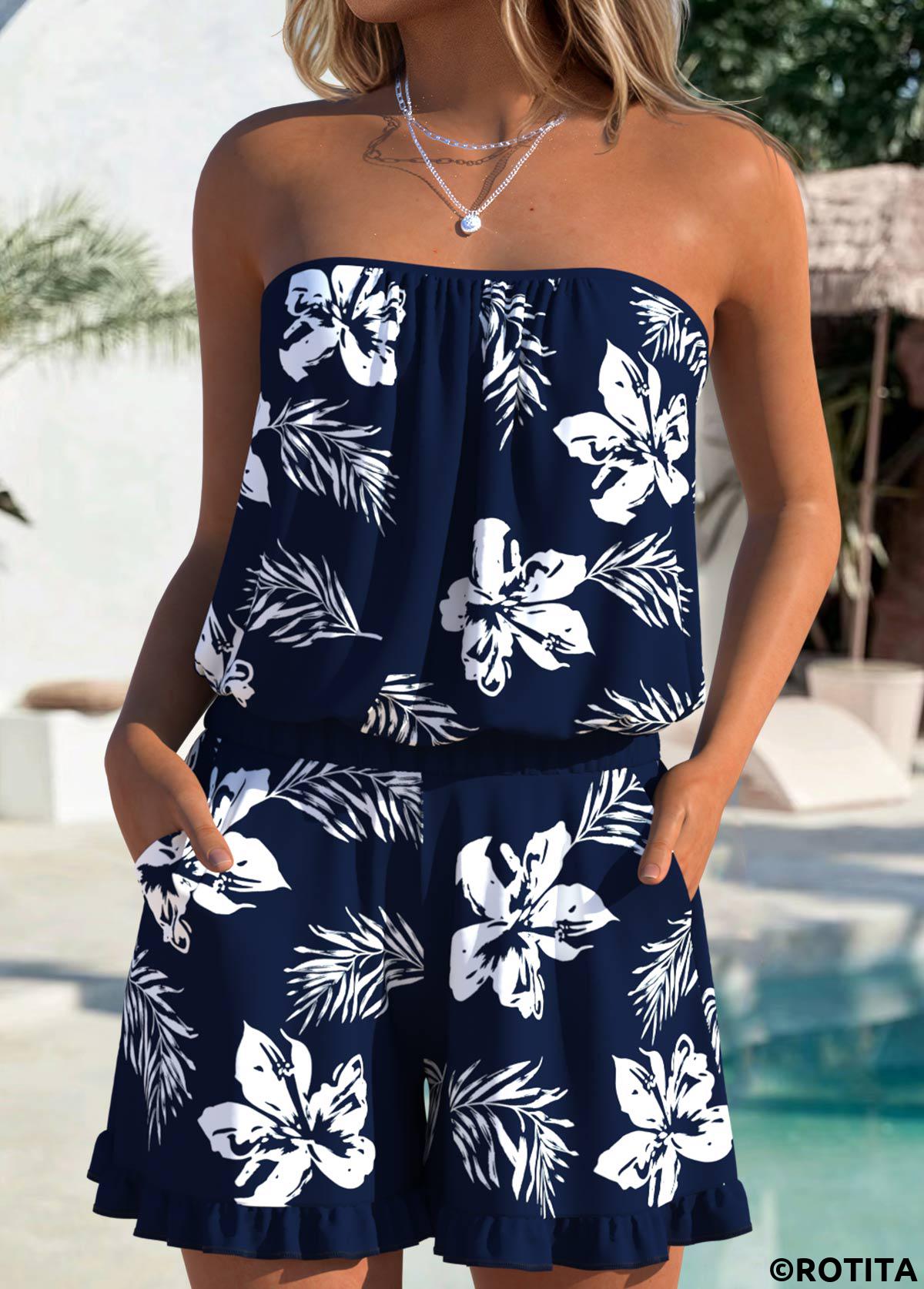 Navy swimwear,Floral swimwear,Plants swimwear,ROTITA Navy Tummy Coverage Floral Print One Piece Swimwear