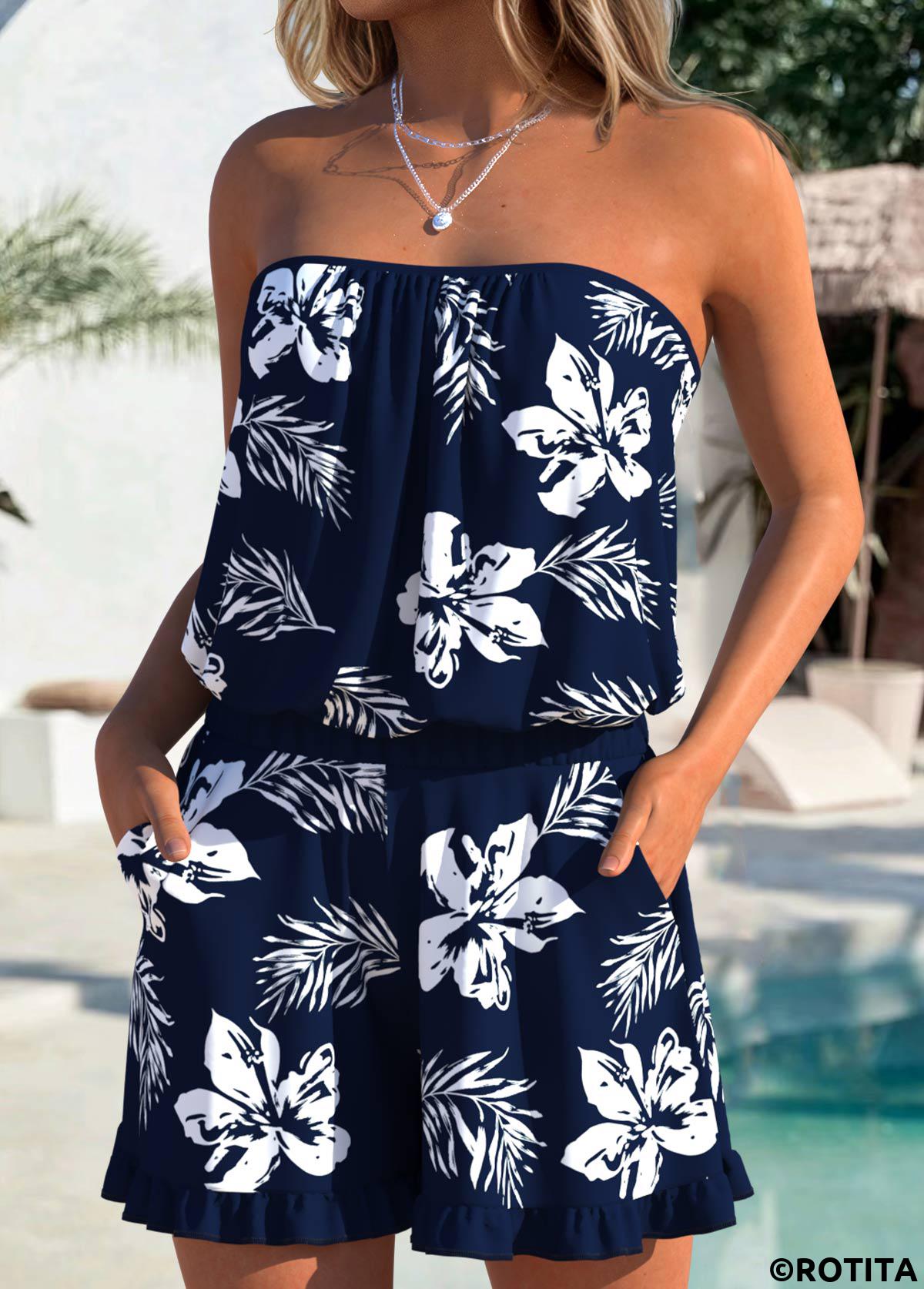 Navy swimwear,Floral swimwear,Plants swimwear,ROTITA Navy Tummy Coverage Floral Print One Piece Swimwear