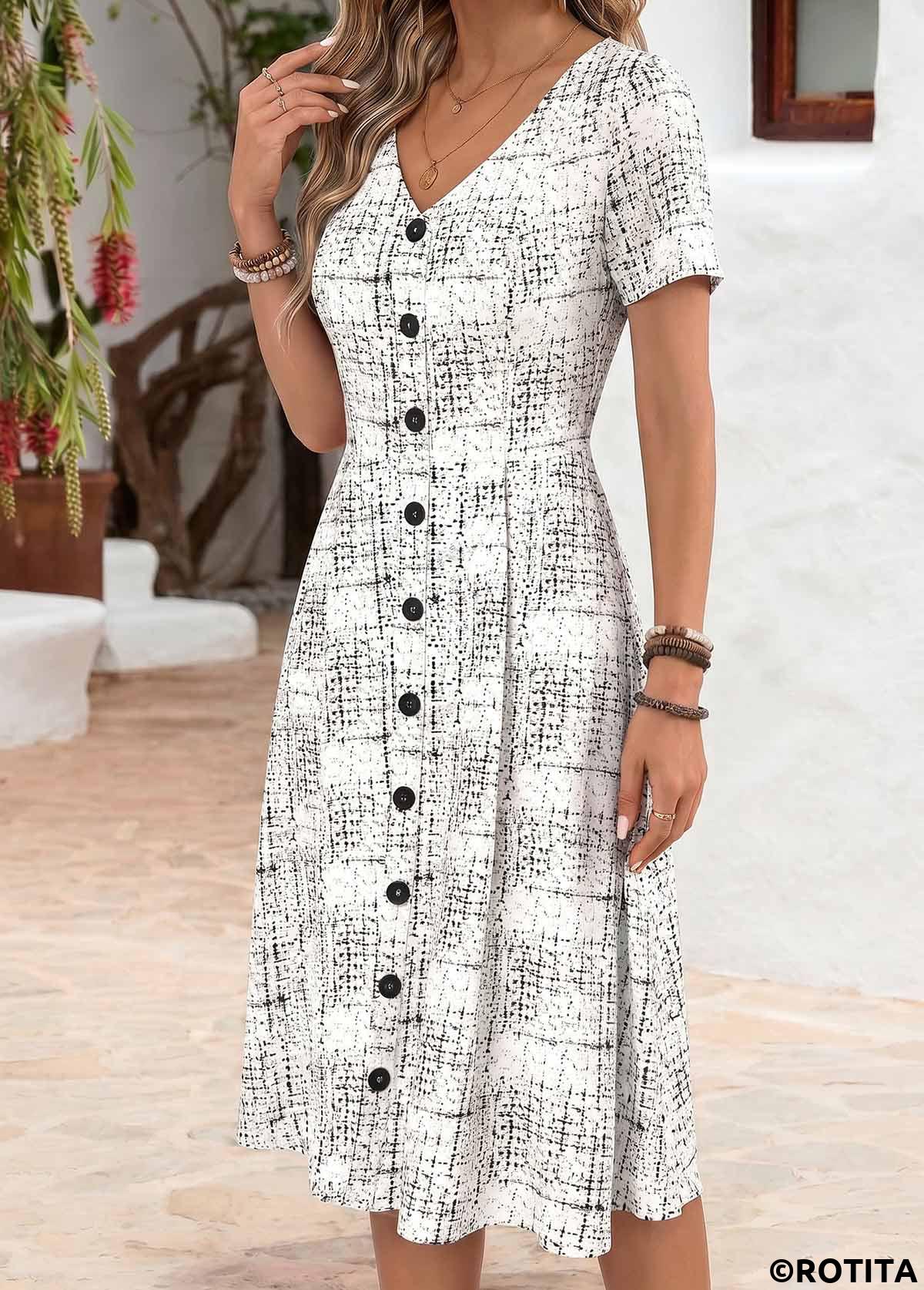 White dresses,Geometric dresses,Everyday dresses,Casual dresses,ROTITA White Geometric Print Tummy Coverage V Neck Dress