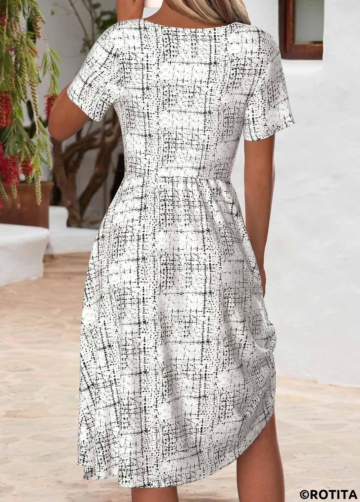 White dresses,Geometric dresses,Everyday dresses,Casual dresses,ROTITA White Geometric Print Tummy Coverage V Neck Dress