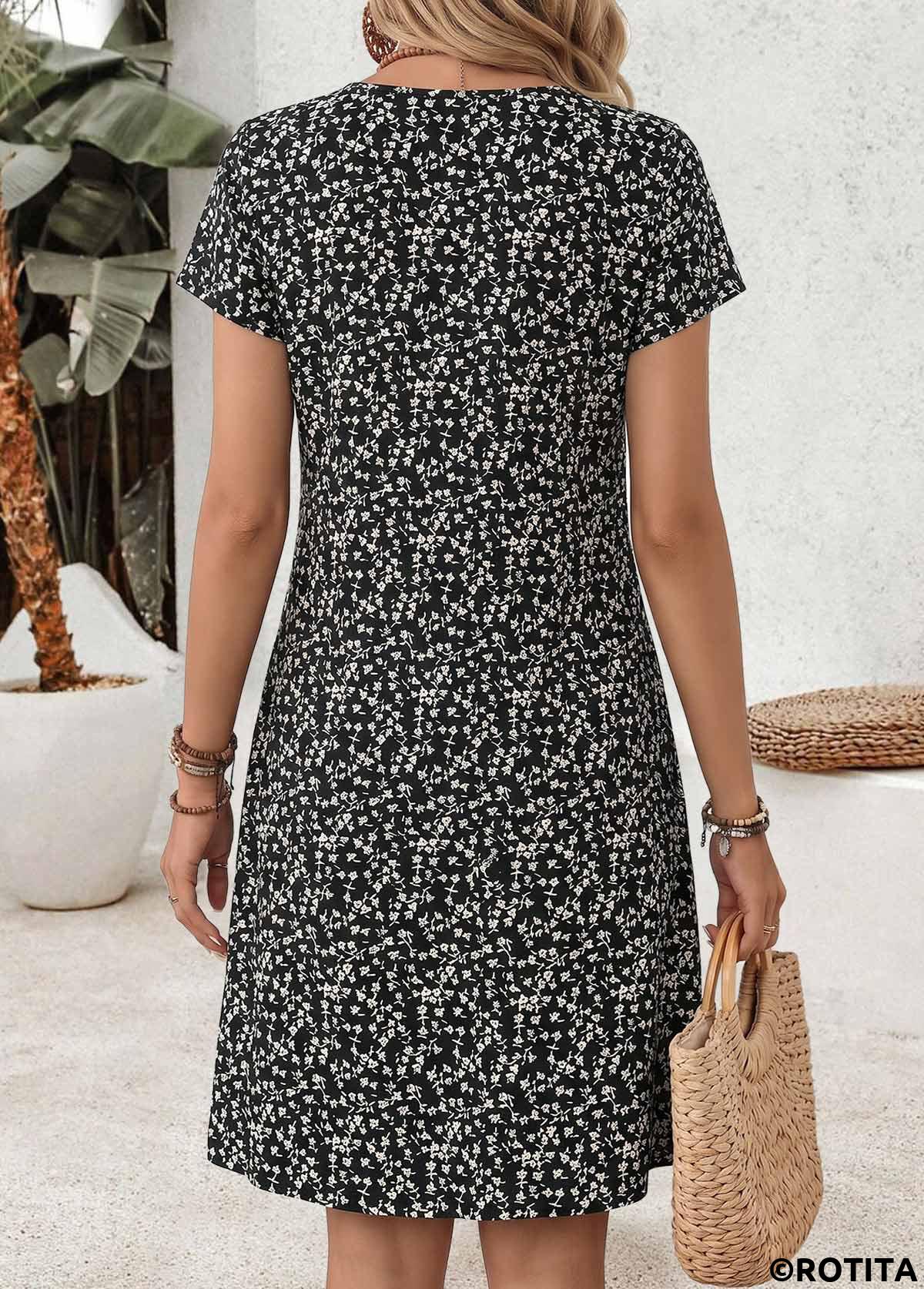 Black dresses,Ditsy Floral dresses,Everyday dresses,Casual dresses,ROTITA Black Ditsy Floral Print Tummy Coverage Short Dress