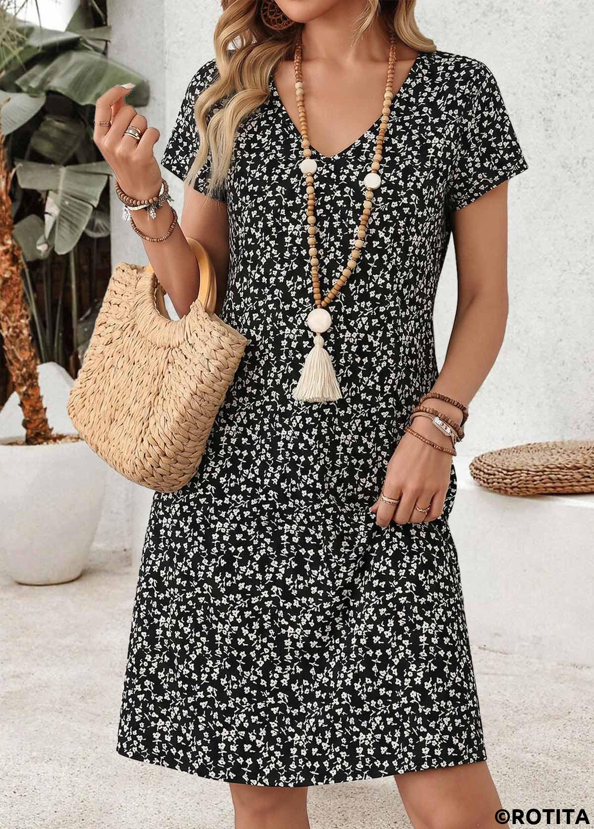 Black dresses,Ditsy Floral dresses,Everyday dresses,Casual dresses,ROTITA Black Ditsy Floral Print Tummy Coverage Short Dress