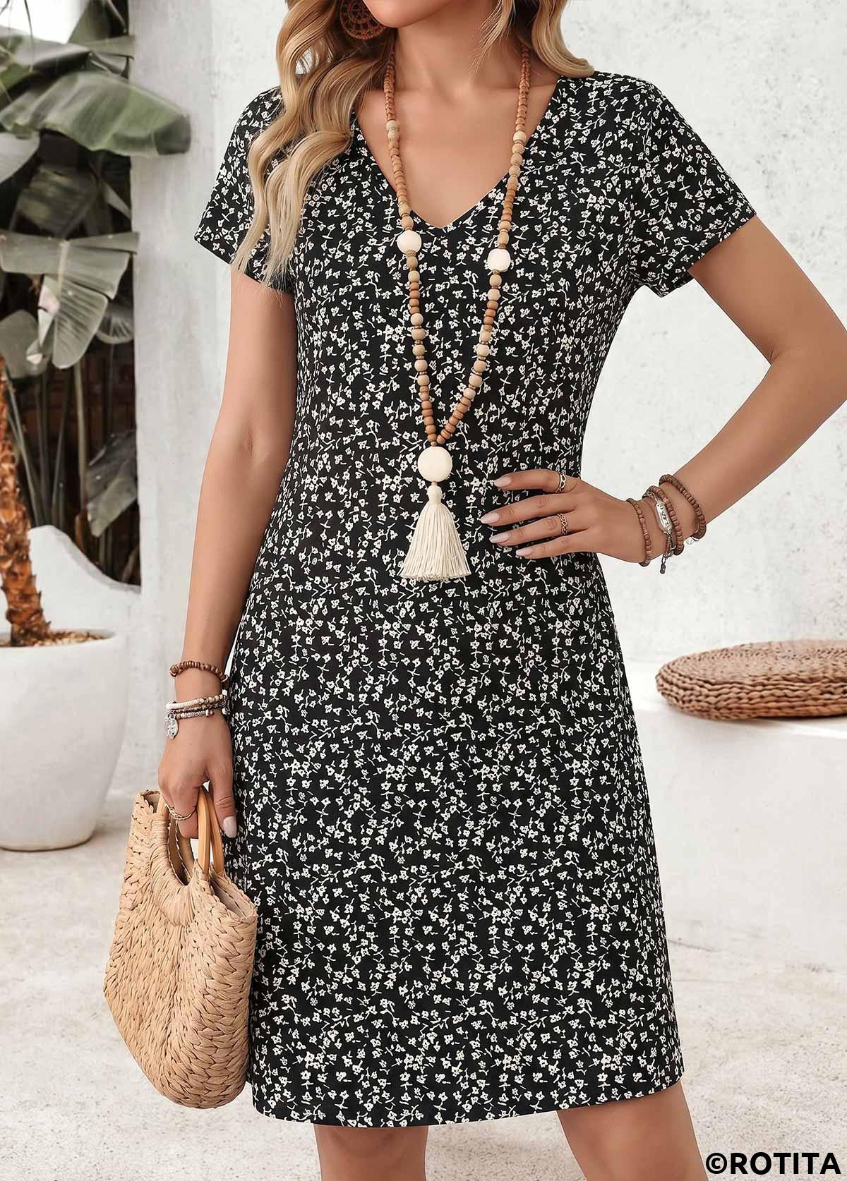 Black dresses,Ditsy Floral dresses,Everyday dresses,Casual dresses,ROTITA Black Ditsy Floral Print Tummy Coverage Short Dress