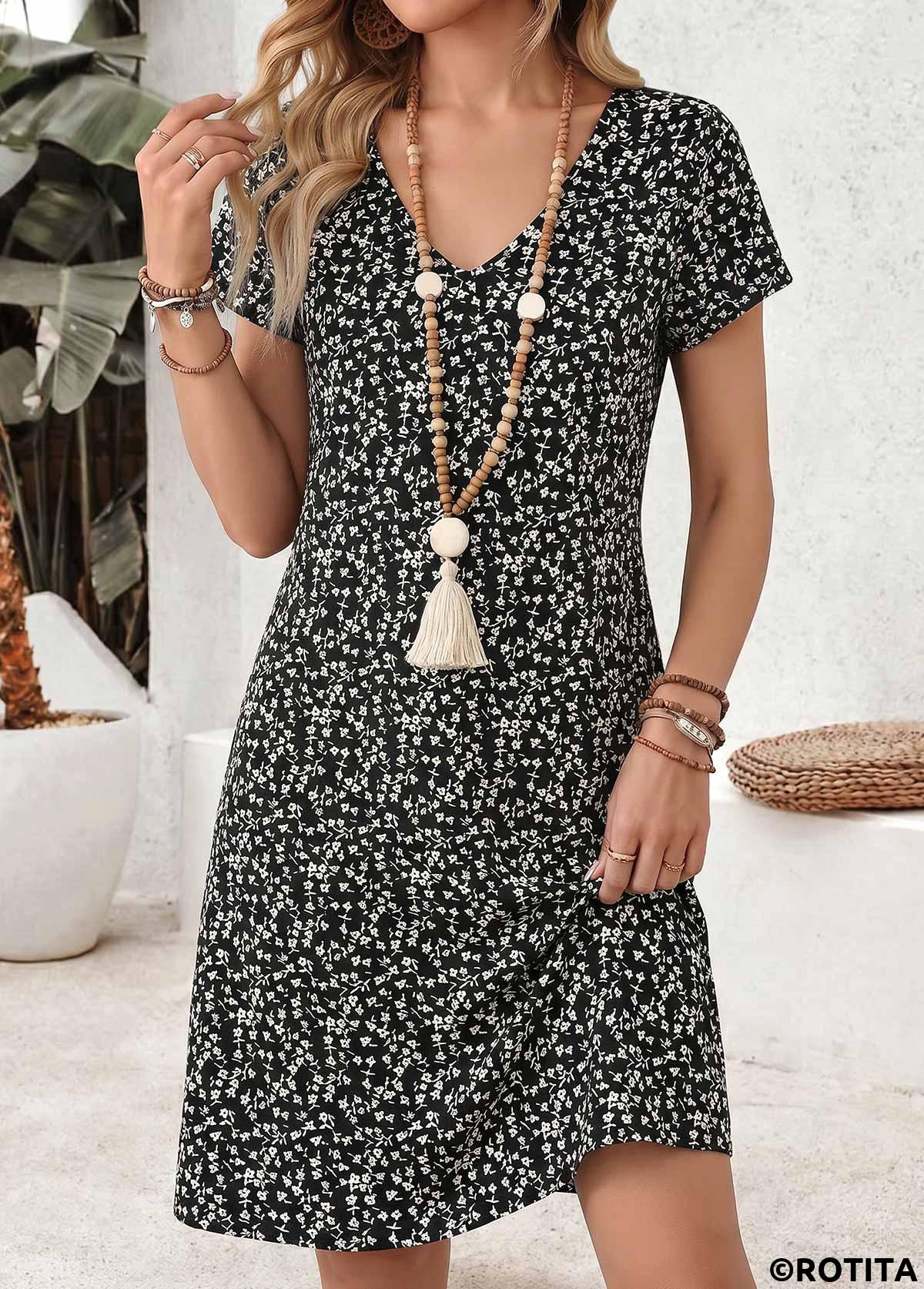 Black dresses,Ditsy Floral dresses,Everyday dresses,Casual dresses,ROTITA Black Ditsy Floral Print Tummy Coverage Short Dress