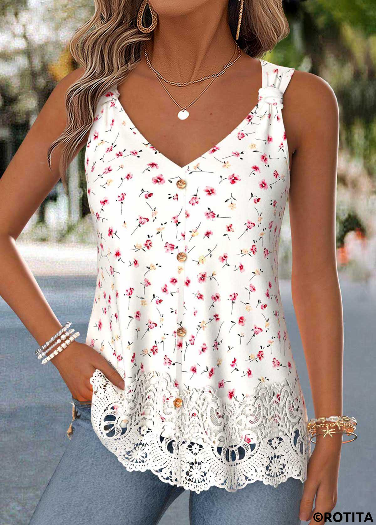 Beige tops,Ditsy Floral tops,ROTITA Patchwork Ditsy Floral Print Beige V Neck Tank Top