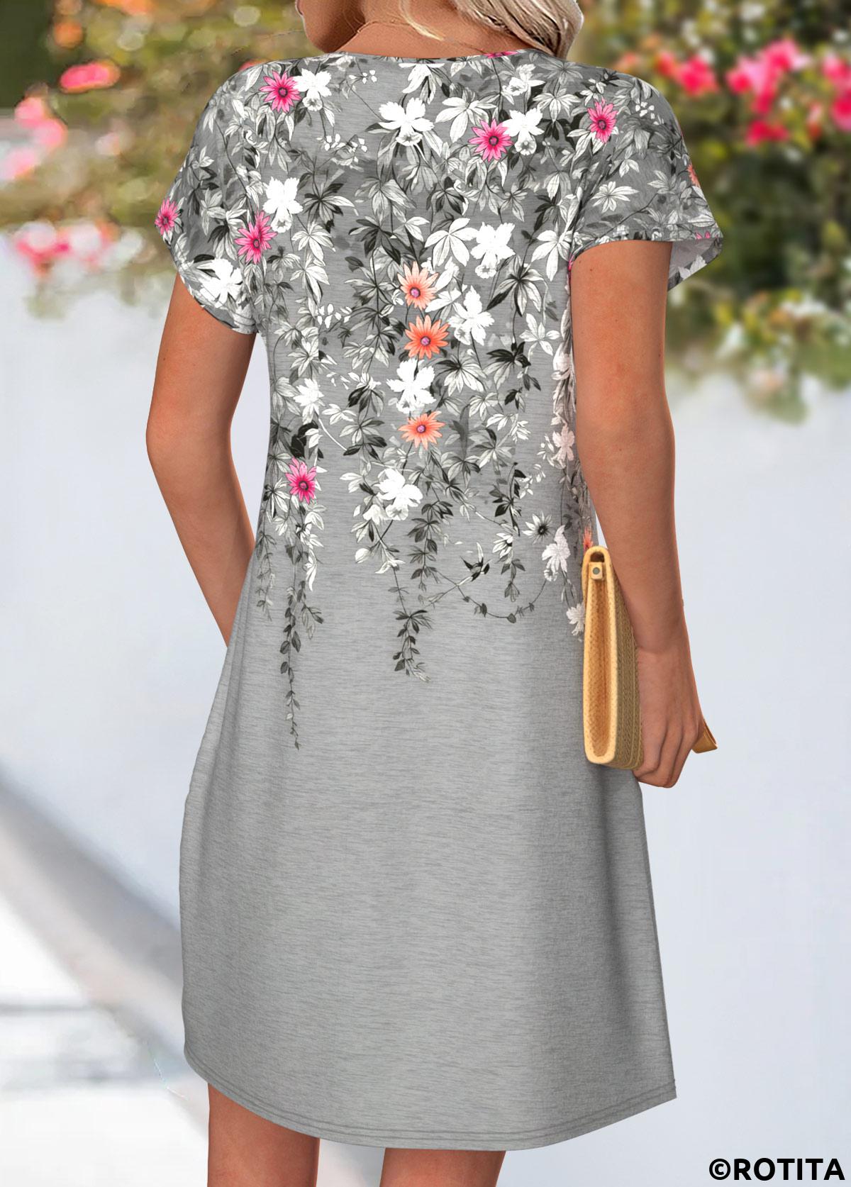 Grey dresses,Floral dresses,Plants dresses,Everyday dresses,Casual dresses,ROTITA Grey Floral Print Tuck Stitch Short Split Neck Dress