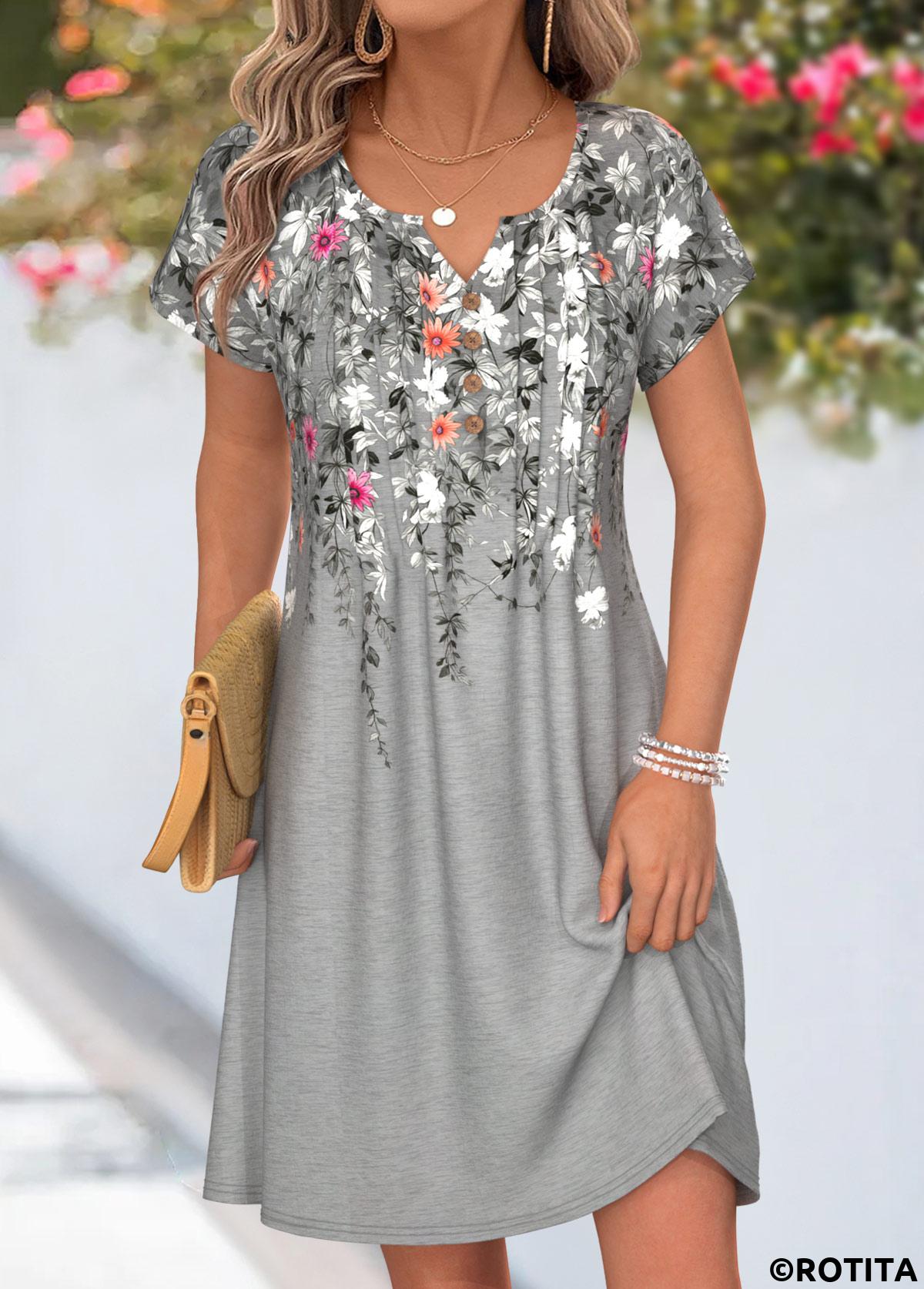 Grey dresses,Floral dresses,Plants dresses,Everyday dresses,Casual dresses,ROTITA Grey Floral Print Tuck Stitch Short Split Neck Dress