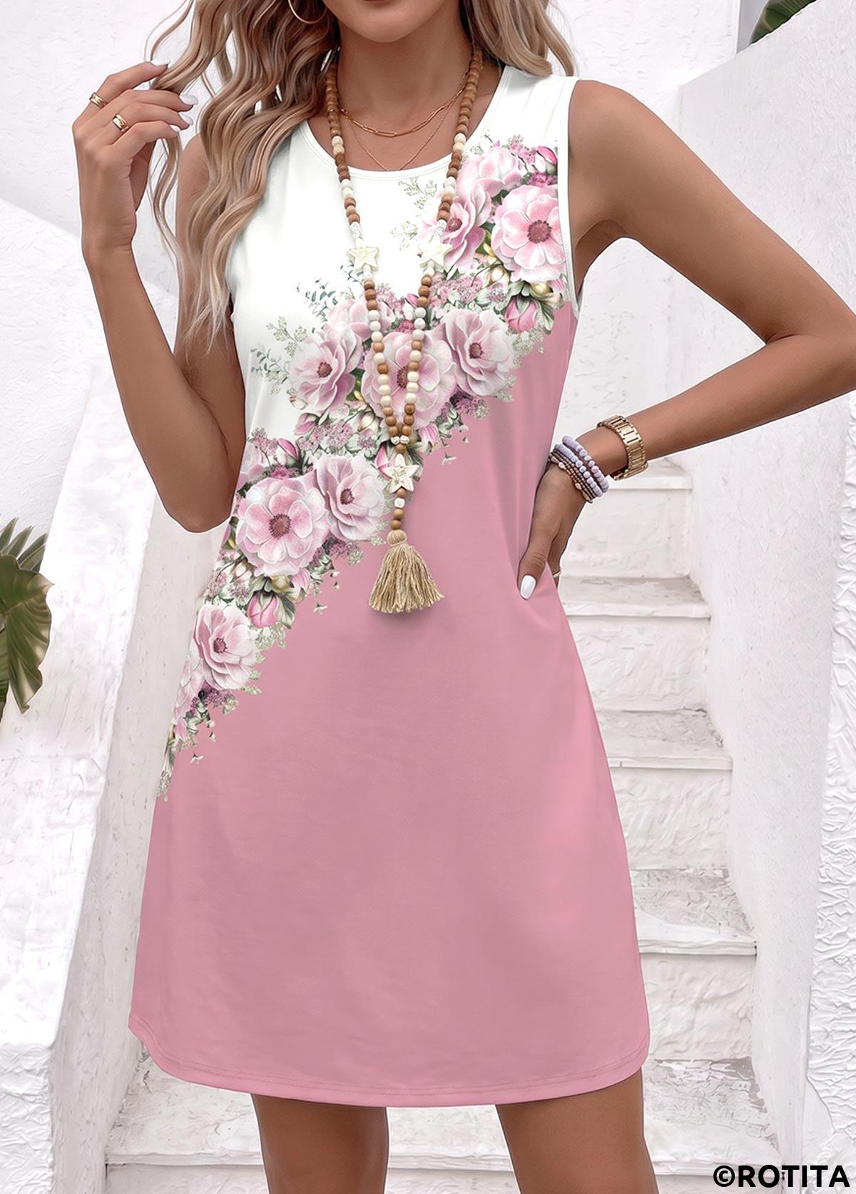 Multi Color dresses,Floral dresses,Plants dresses,Everyday dresses,Casual dresses,ROTITA Multi Color Floral Print Tummy Coverage Short Sleeveless Dress