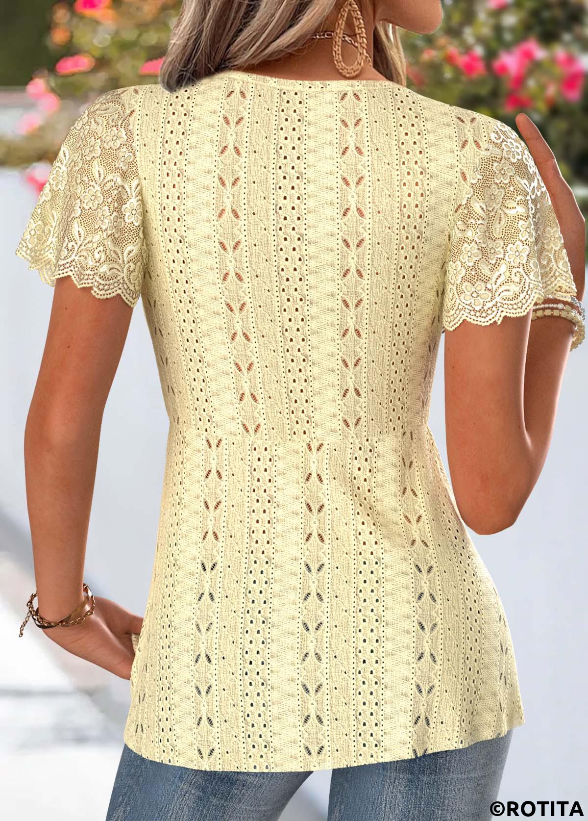 Yellow tops,Plain Color tops,ROTITA Patchwork Yellow V Neck Short Sleeve T Shirt