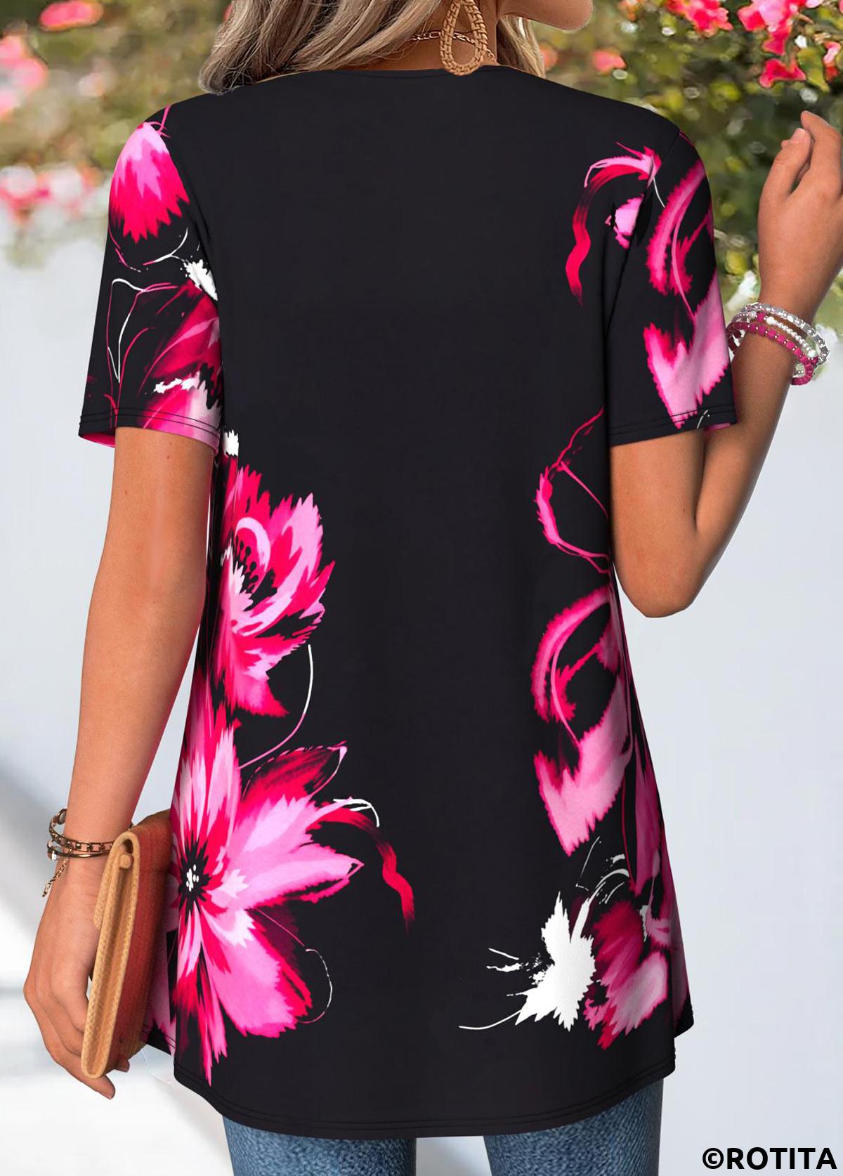 Black tops,Floral tops,Plants tops,ROTITA Floral Print Black Short Sleeve Fake Two Piece Twinset