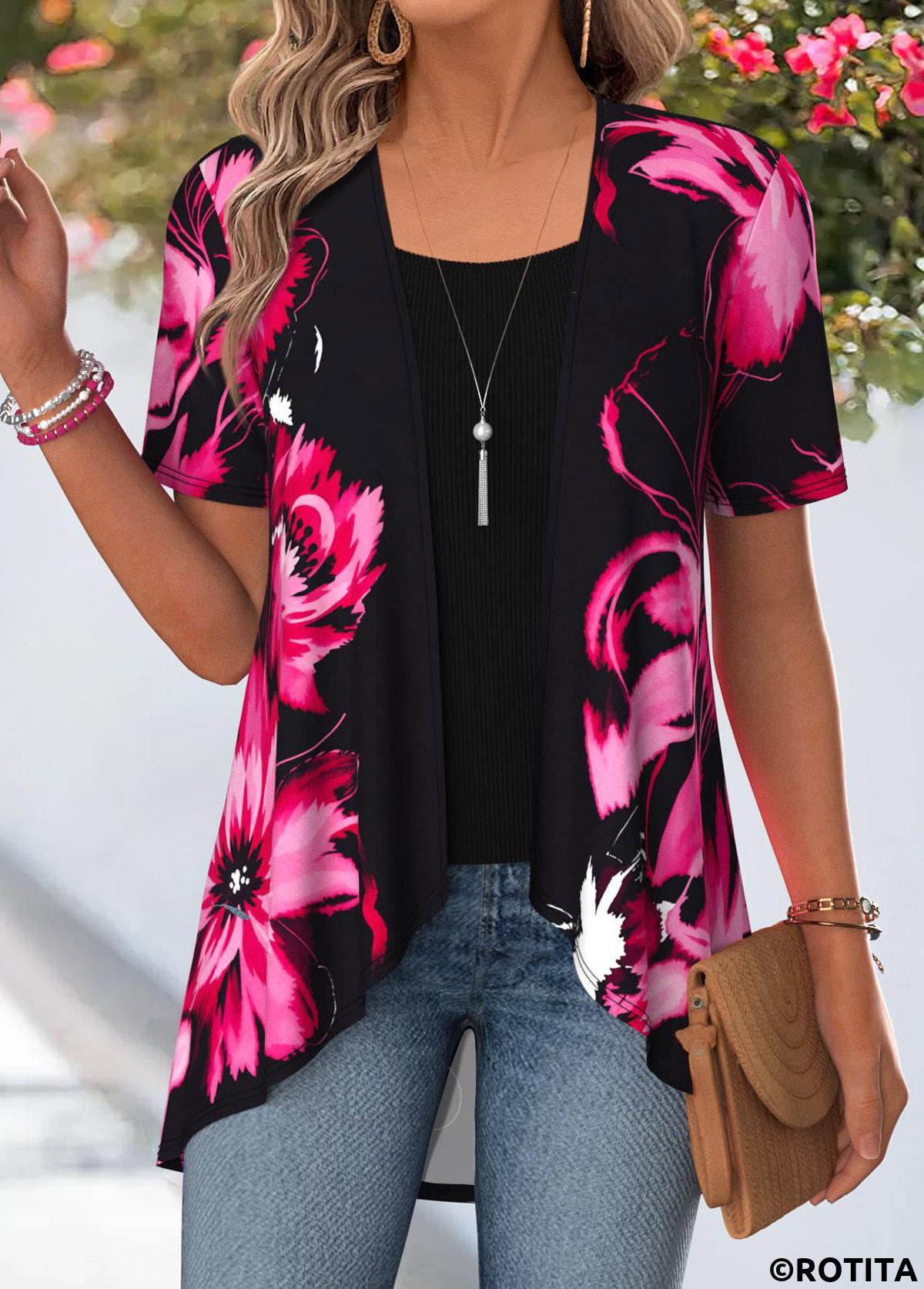 Black tops,Floral tops,Plants tops,ROTITA Floral Print Black Short Sleeve Fake Two Piece Twinset