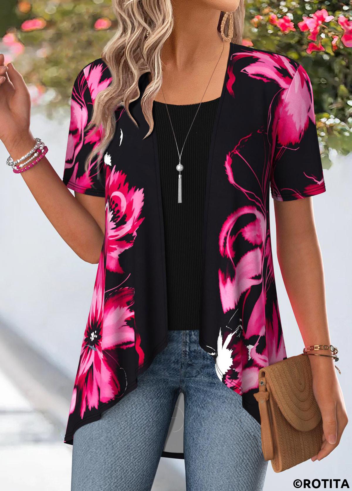 Black tops,Floral tops,Plants tops,ROTITA Floral Print Black Short Sleeve Fake Two Piece Twinset