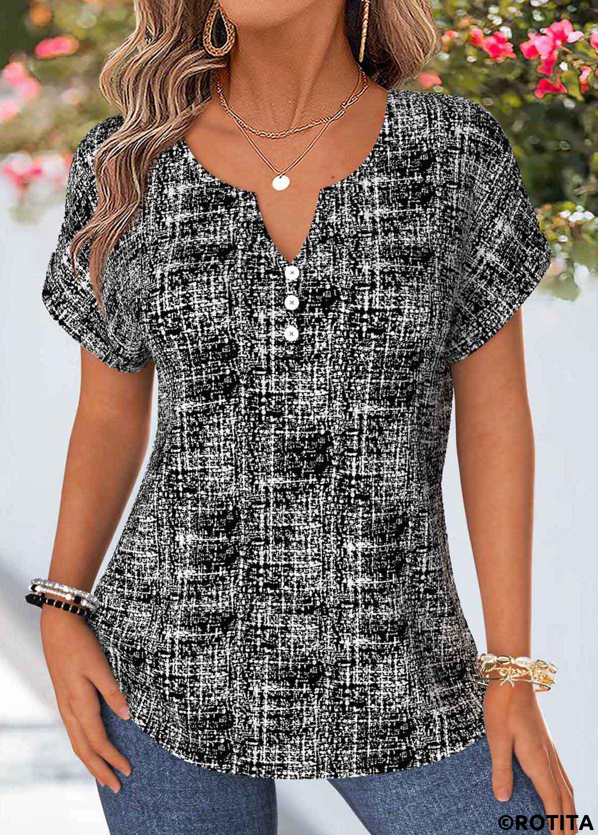 Black tops,Geometric tops,ROTITA Tummy Coverage Geometric Print Black Split Neck Blouse