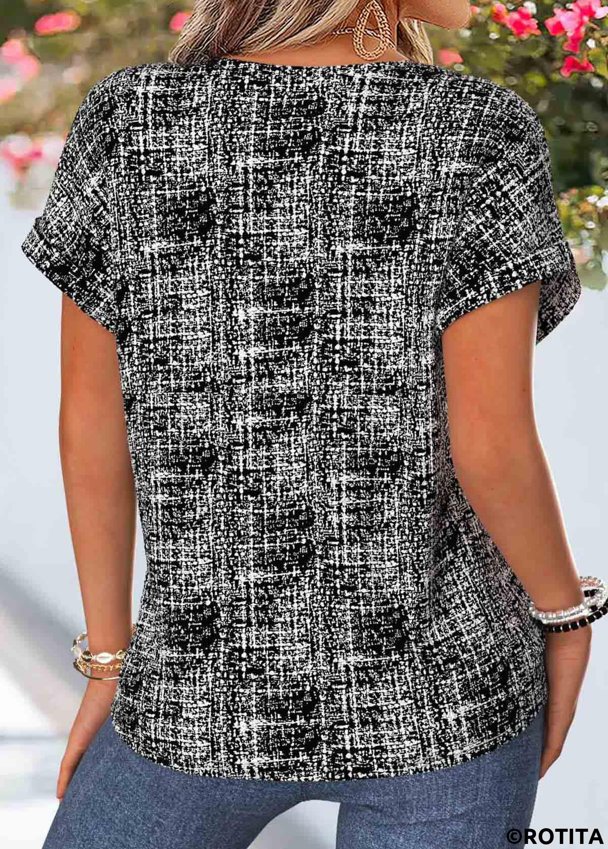 Black tops,Geometric tops,ROTITA Tummy Coverage Geometric Print Black Split Neck Blouse