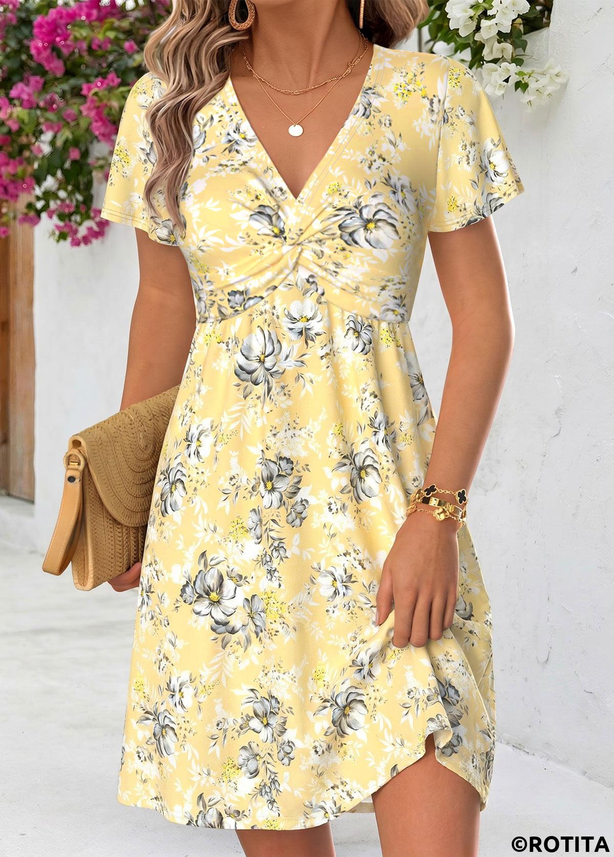Light Yellow dresses,Floral dresses,Plants dresses,Everyday dresses,Casual dresses,ROTITA Light Yellow Floral Print Twist Short V Neck Dress