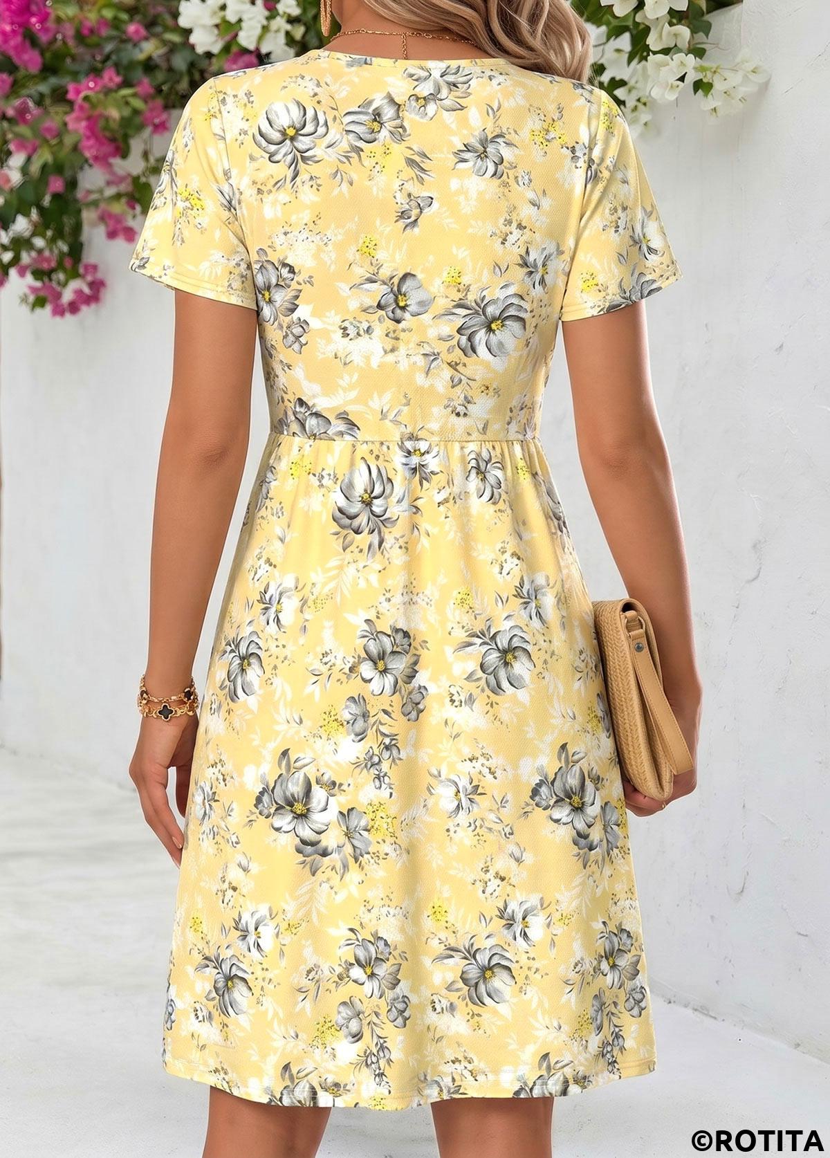 Light Yellow dresses,Floral dresses,Plants dresses,Everyday dresses,Casual dresses,ROTITA Light Yellow Floral Print Twist Short V Neck Dress