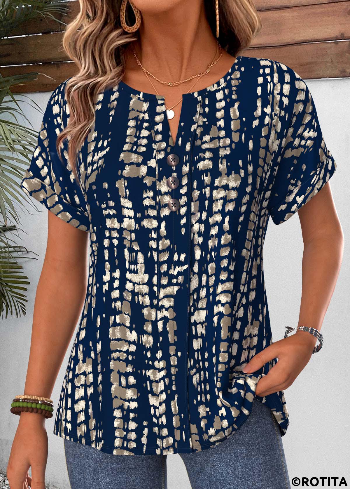 Navy tops,Tie Dye tops,ROTITA Curved Hem Tie Dye Print Navy T Shirt