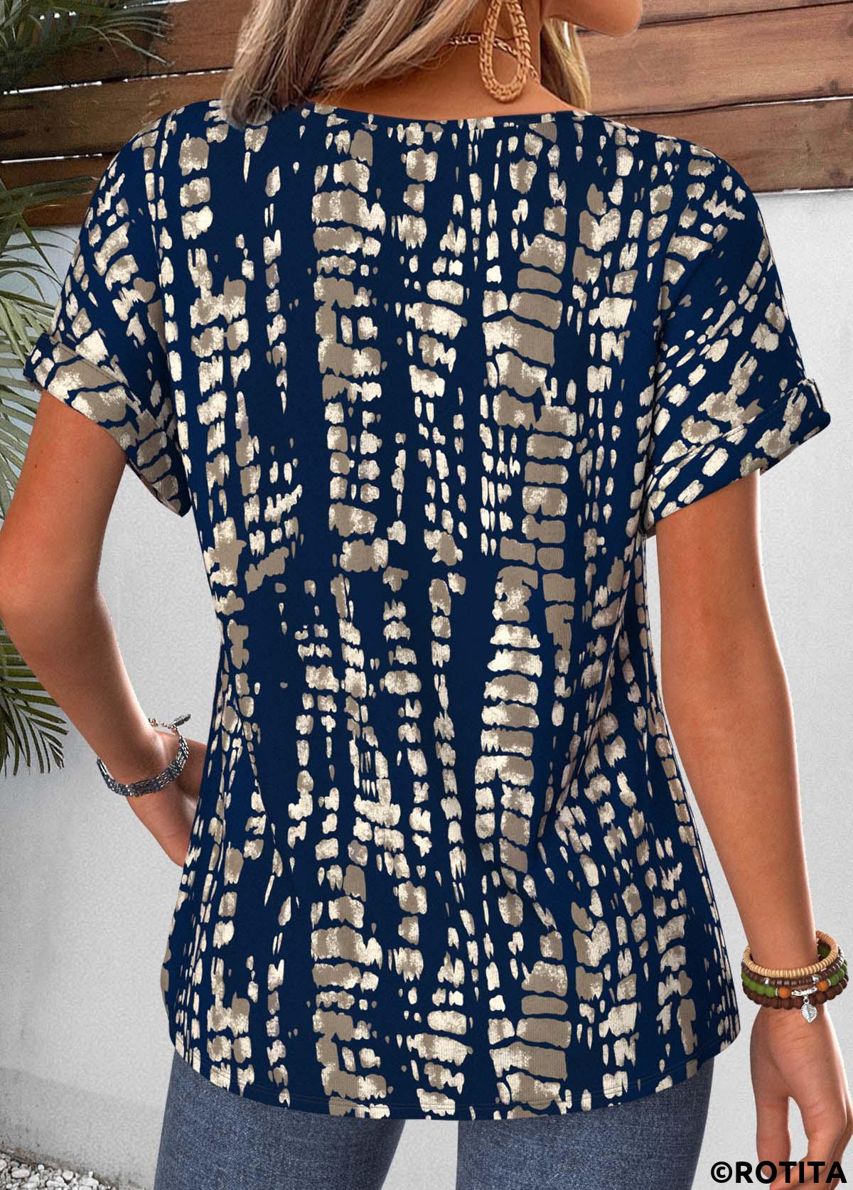Navy tops,Tie Dye tops,ROTITA Curved Hem Tie Dye Print Navy T Shirt