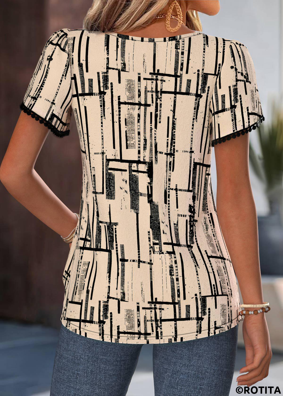 Light Camel tops,Geometric tops,ROTITA Button Geometric Print Light Camel Short Sleeve Blouse