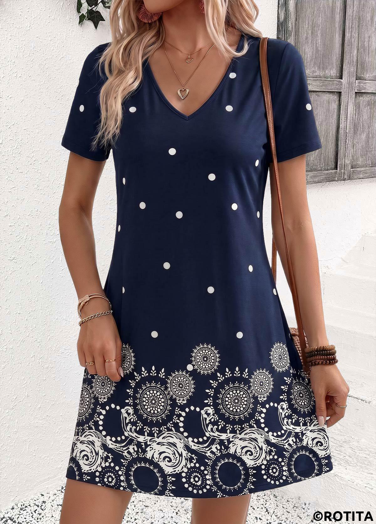 Navy dresses,Dot dresses,Everyday dresses,Casual dresses,ROTITA Navy Polka Dot Tummy Coverage Short V Neck Dress