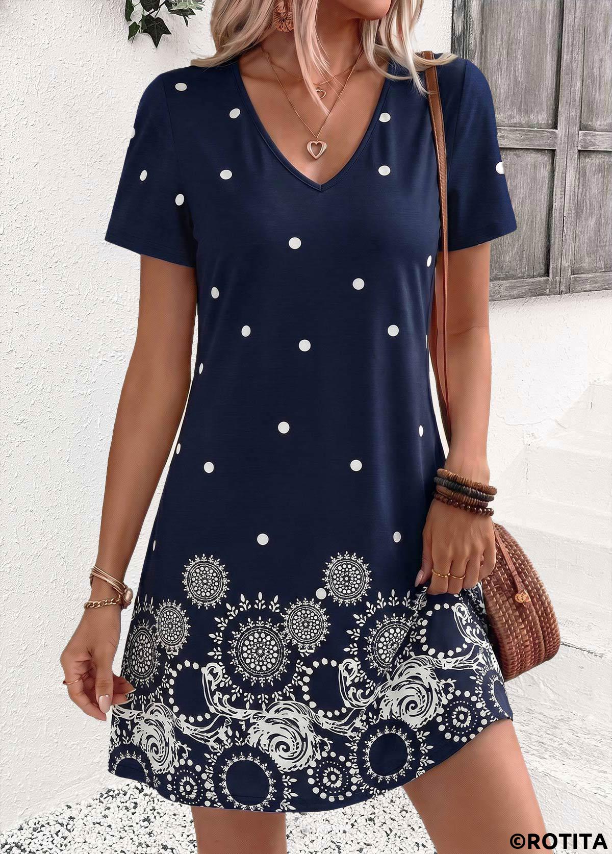 Navy dresses,Dot dresses,Everyday dresses,Casual dresses,ROTITA Navy Polka Dot Tummy Coverage Short V Neck Dress