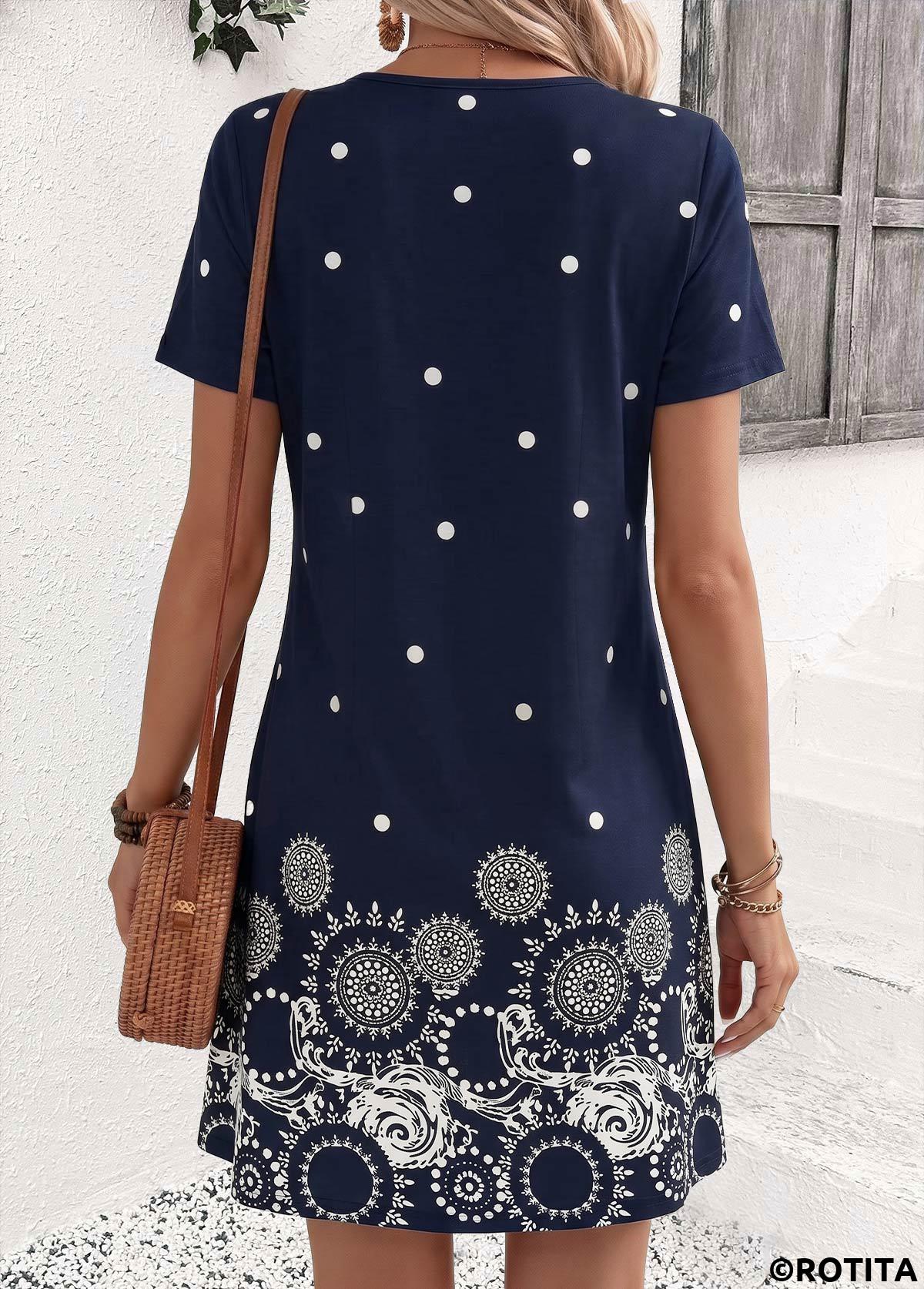 Navy dresses,Dot dresses,Everyday dresses,Casual dresses,ROTITA Navy Polka Dot Tummy Coverage Short V Neck Dress