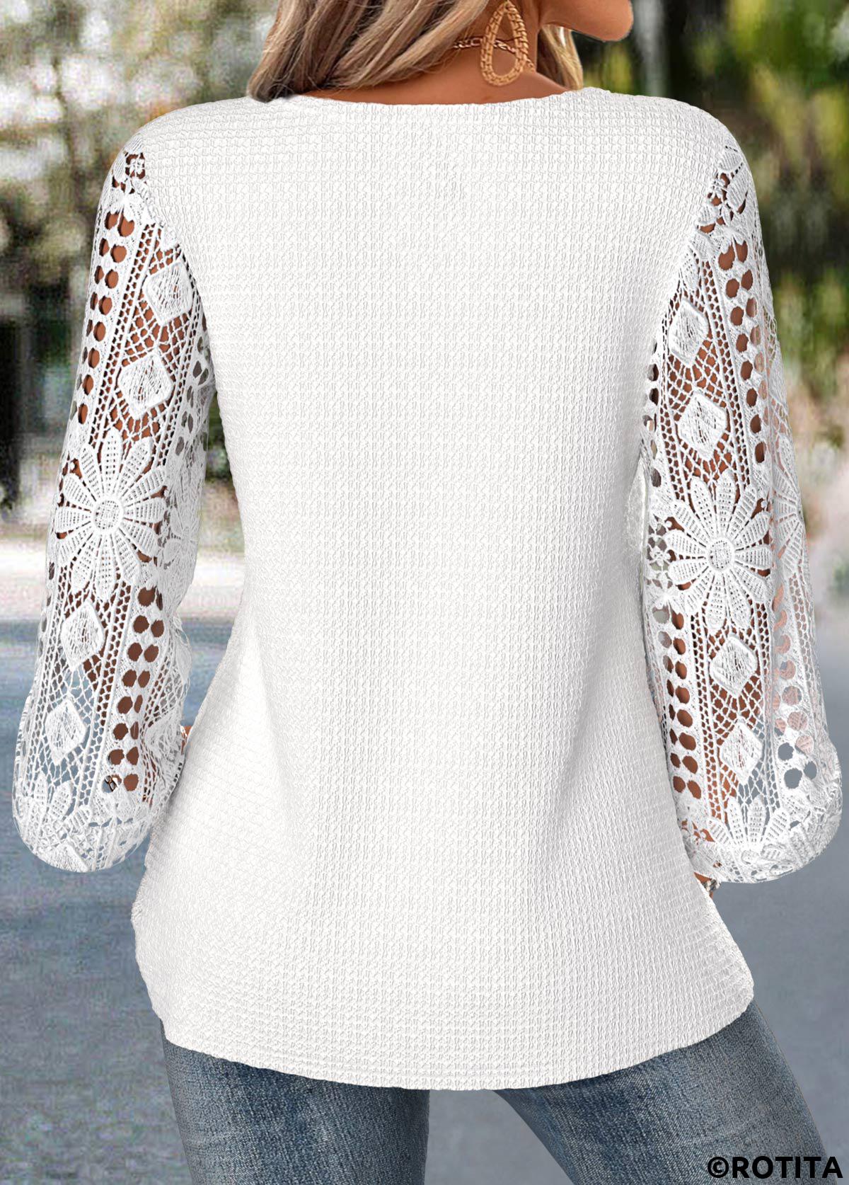 White tops,Plain Color tops,ROTITA Patchwork White Round Neck 3/4 Sleeve Blouse