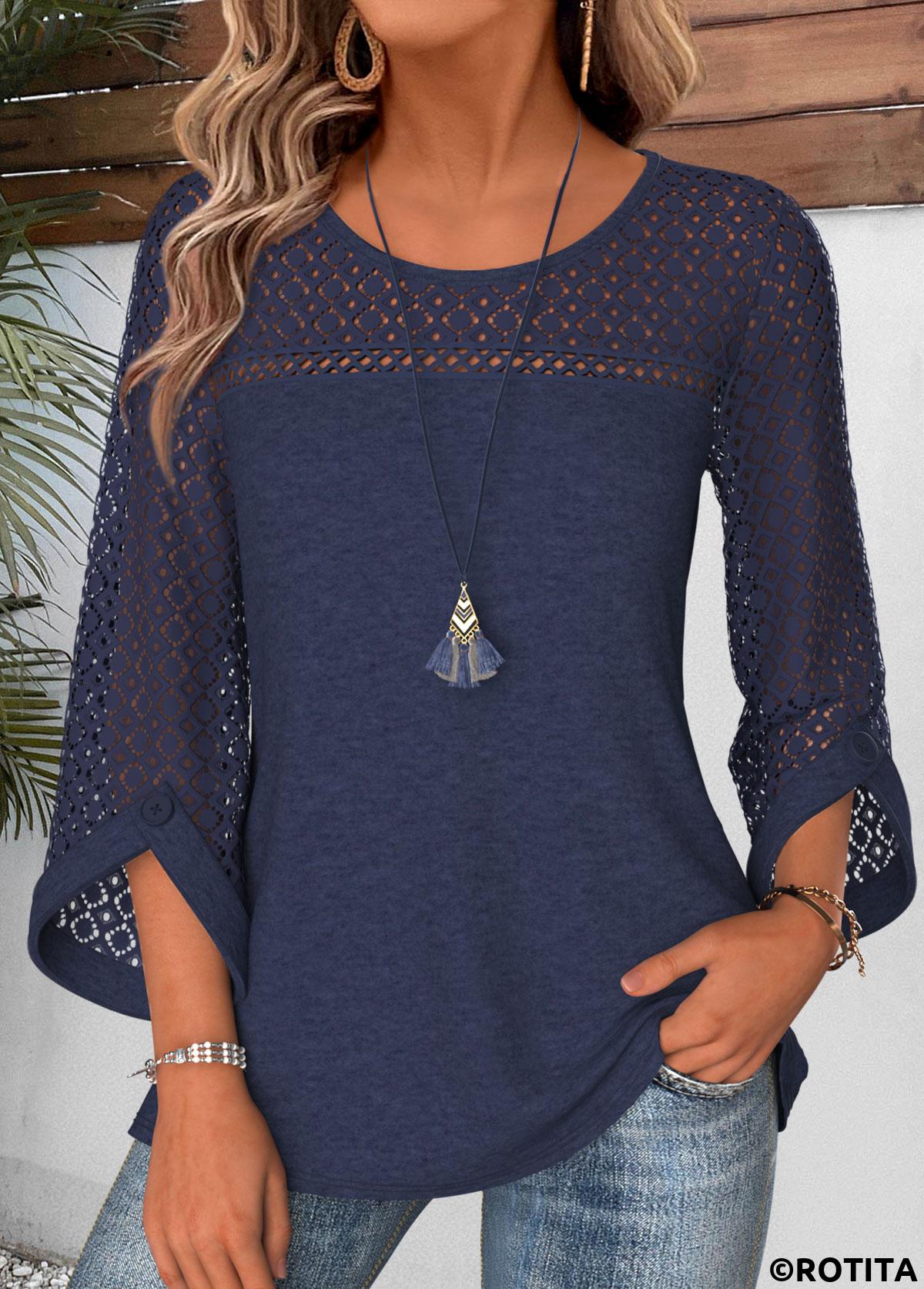 Navy tops,Plain Color tops,ROTITA Patchwork Navy Round Neck 3/4 Sleeve Blouse