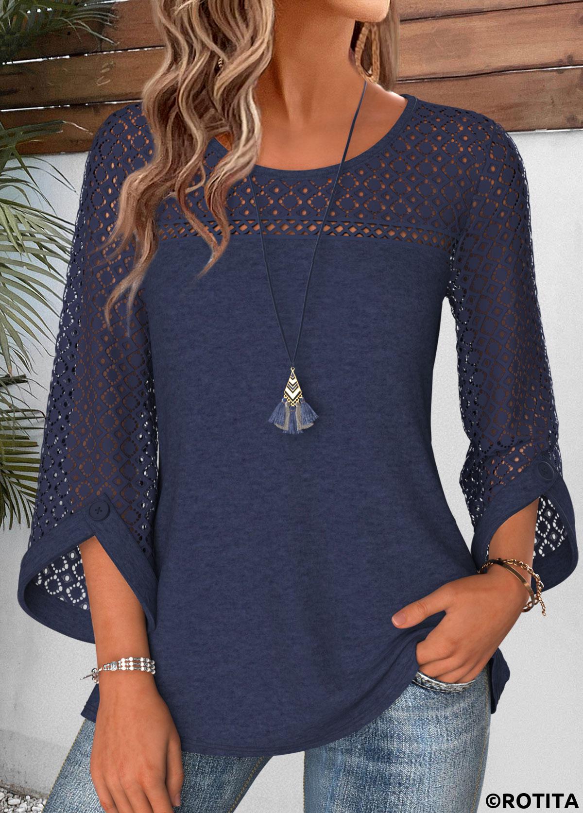 Navy tops,Plain Color tops,ROTITA Patchwork Navy Round Neck 3/4 Sleeve Blouse