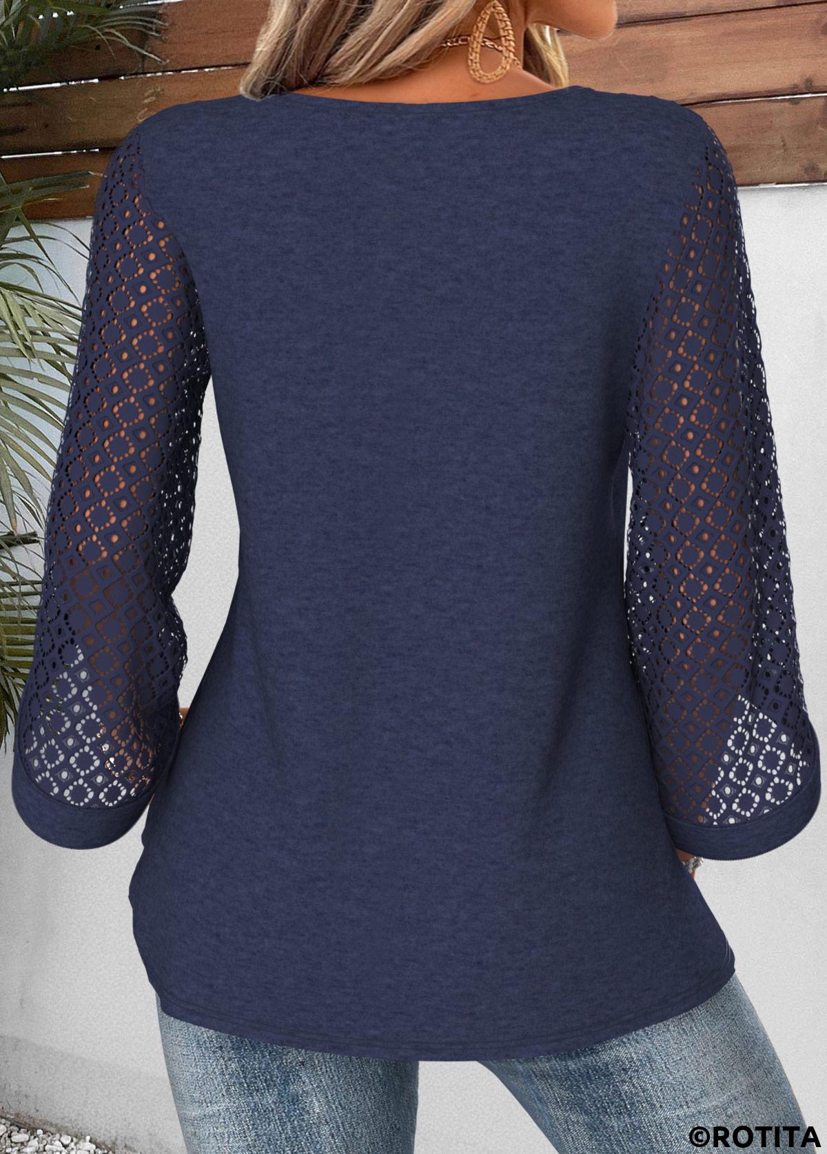 Navy tops,Plain Color tops,ROTITA Patchwork Navy Round Neck 3/4 Sleeve Blouse
