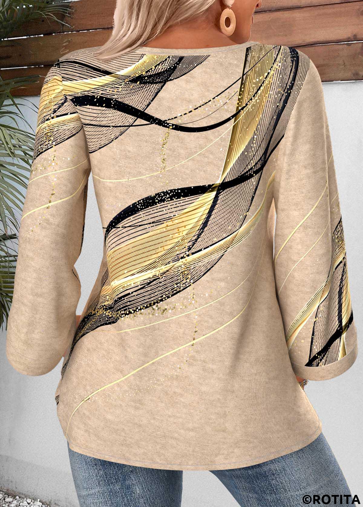 Light Camel tops,Geometric tops,ROTITA Button Geometric Print Light Camel Round Neck Blouse