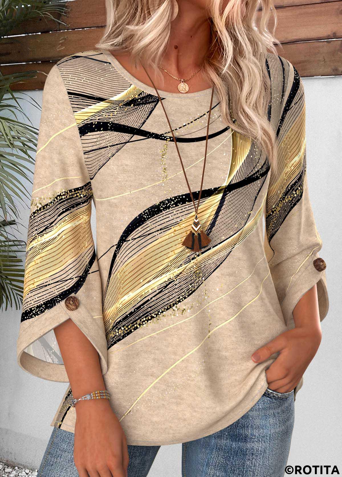 Light Camel tops,Geometric tops,ROTITA Button Geometric Print Light Camel Round Neck Blouse