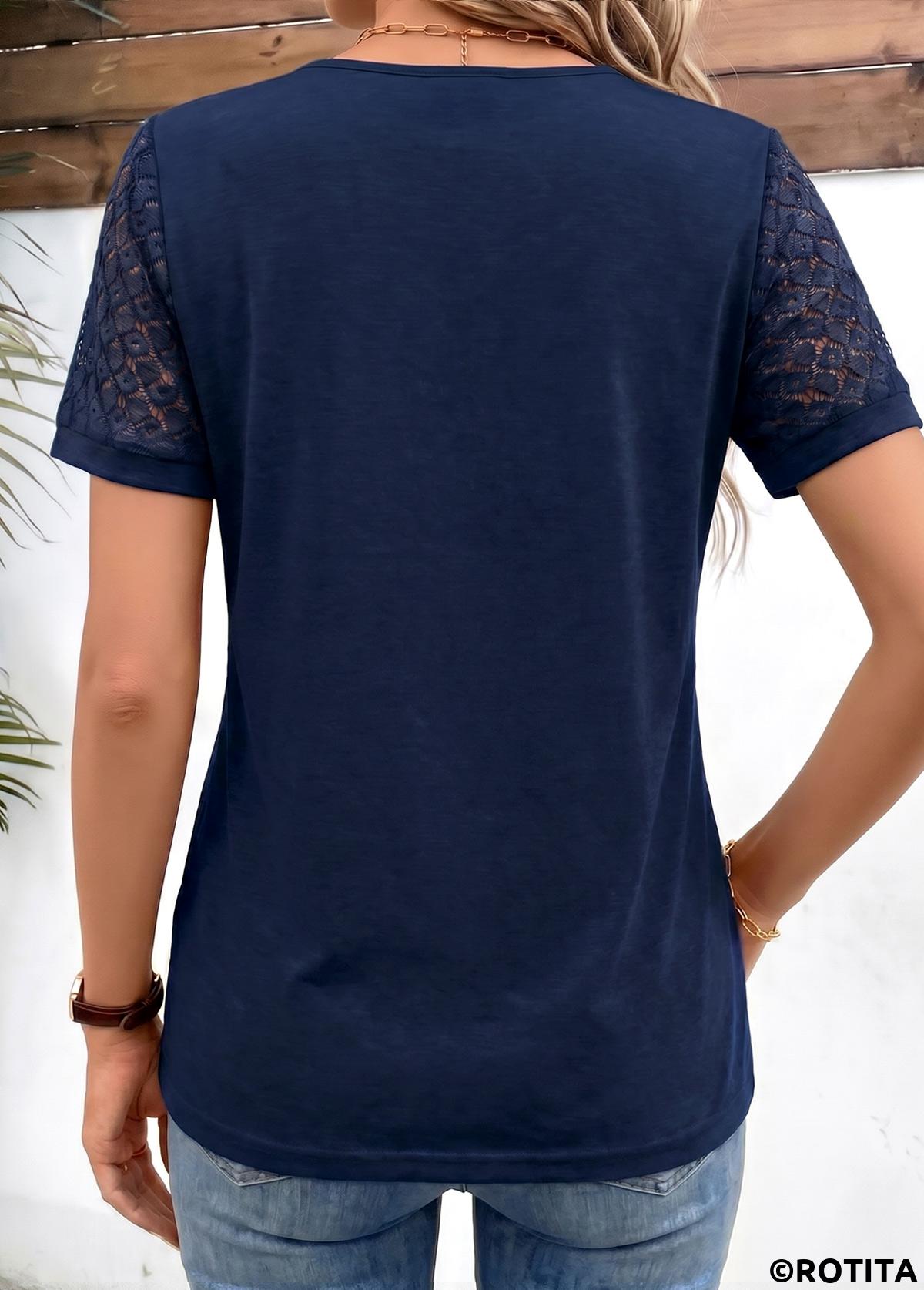 Navy tops,Plain Color tops,ROTITA Patchwork Navy Round Neck Short Sleeve T Shirt