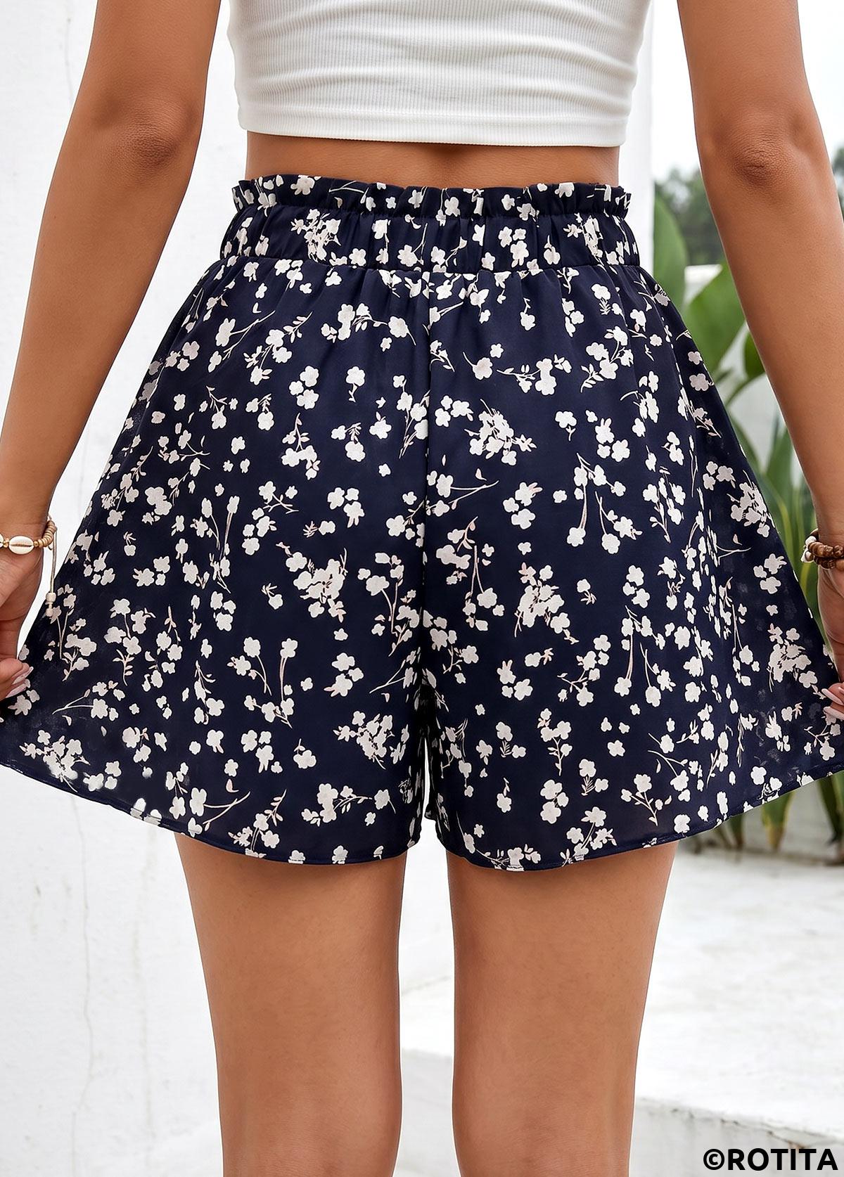 Navy bottoms,Ditsy Floral bottoms,Ditsy Floral Print Navy Wide Leg Elastic Waist Shorts