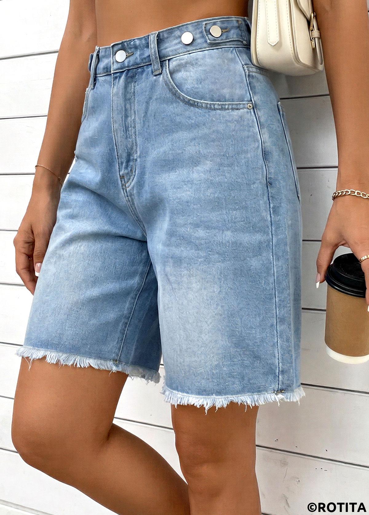 Denim Blue bottoms,Plain Color bottoms,Denim Blue Zipper Fly High Waisted Shorts