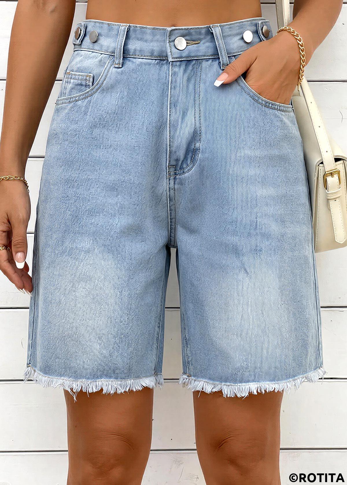 Denim Blue bottoms,Plain Color bottoms,Denim Blue Zipper Fly High Waisted Shorts