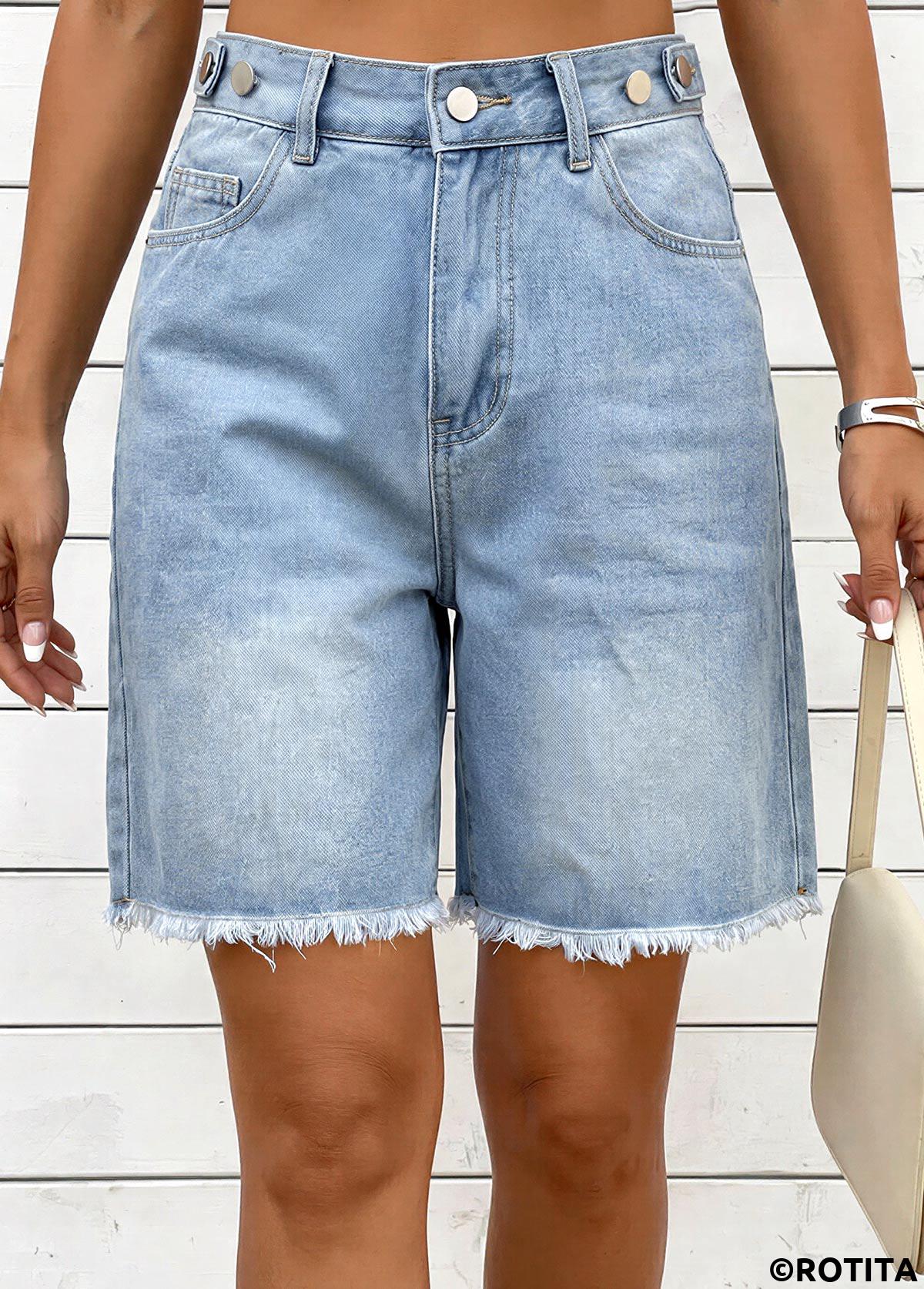 Denim Blue bottoms,Plain Color bottoms,Denim Blue Zipper Fly High Waisted Shorts