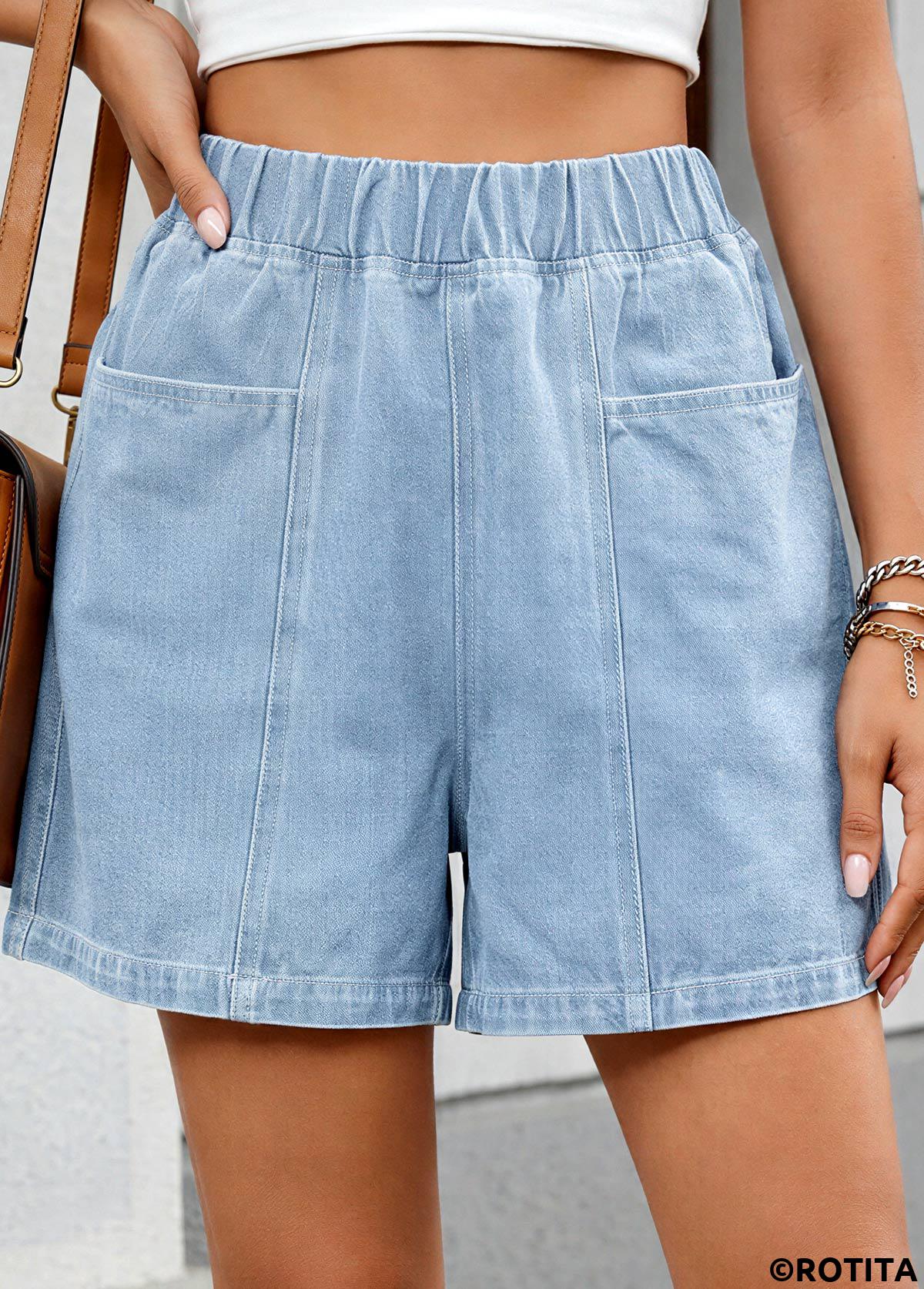 Denim Blue bottoms,Plain Color bottoms,Denim Blue Wide Leg Elastic Waist High Waisted Shorts