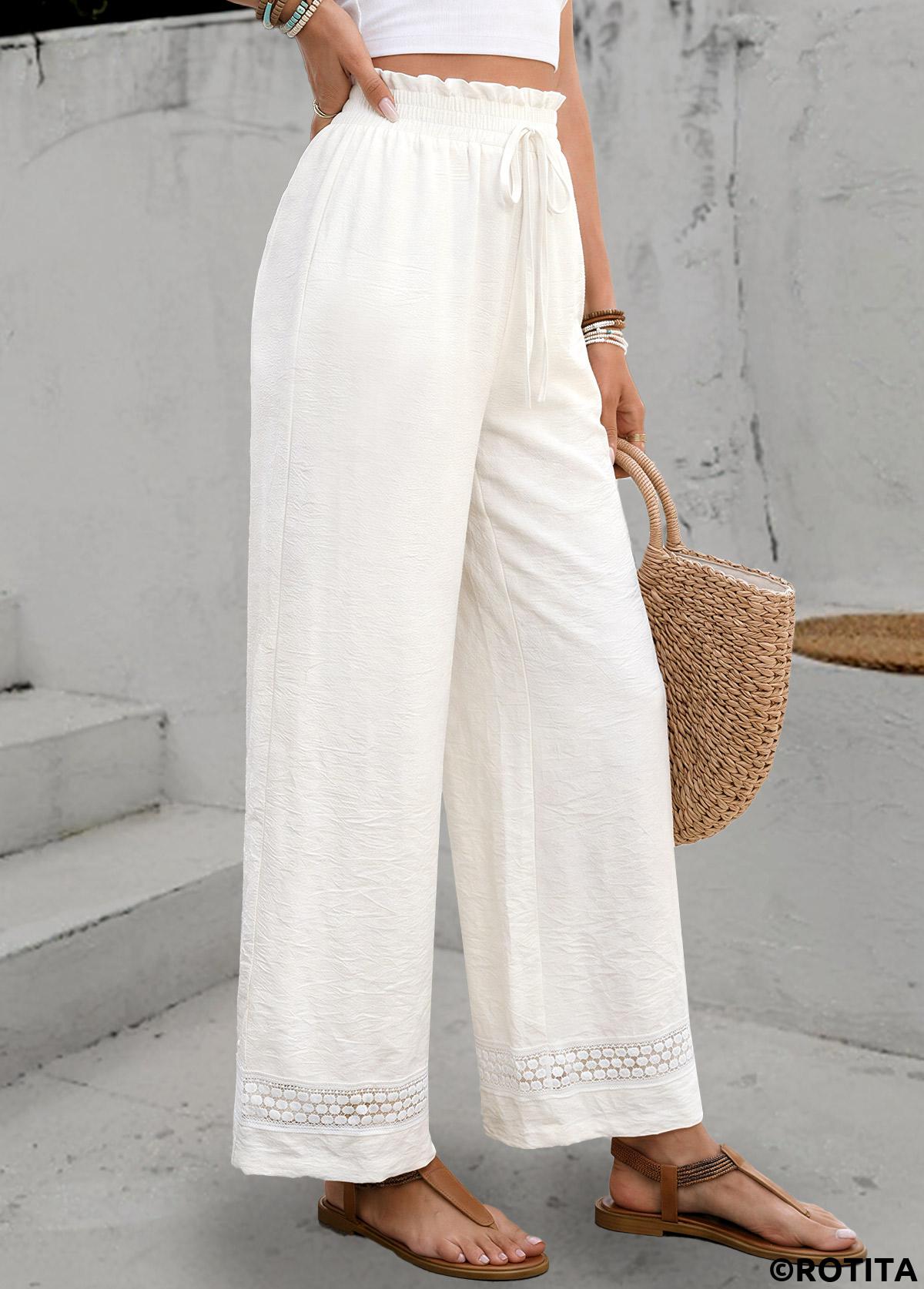 White bottoms,Plain Color bottoms,White Elastic Waist High Waisted Pants
