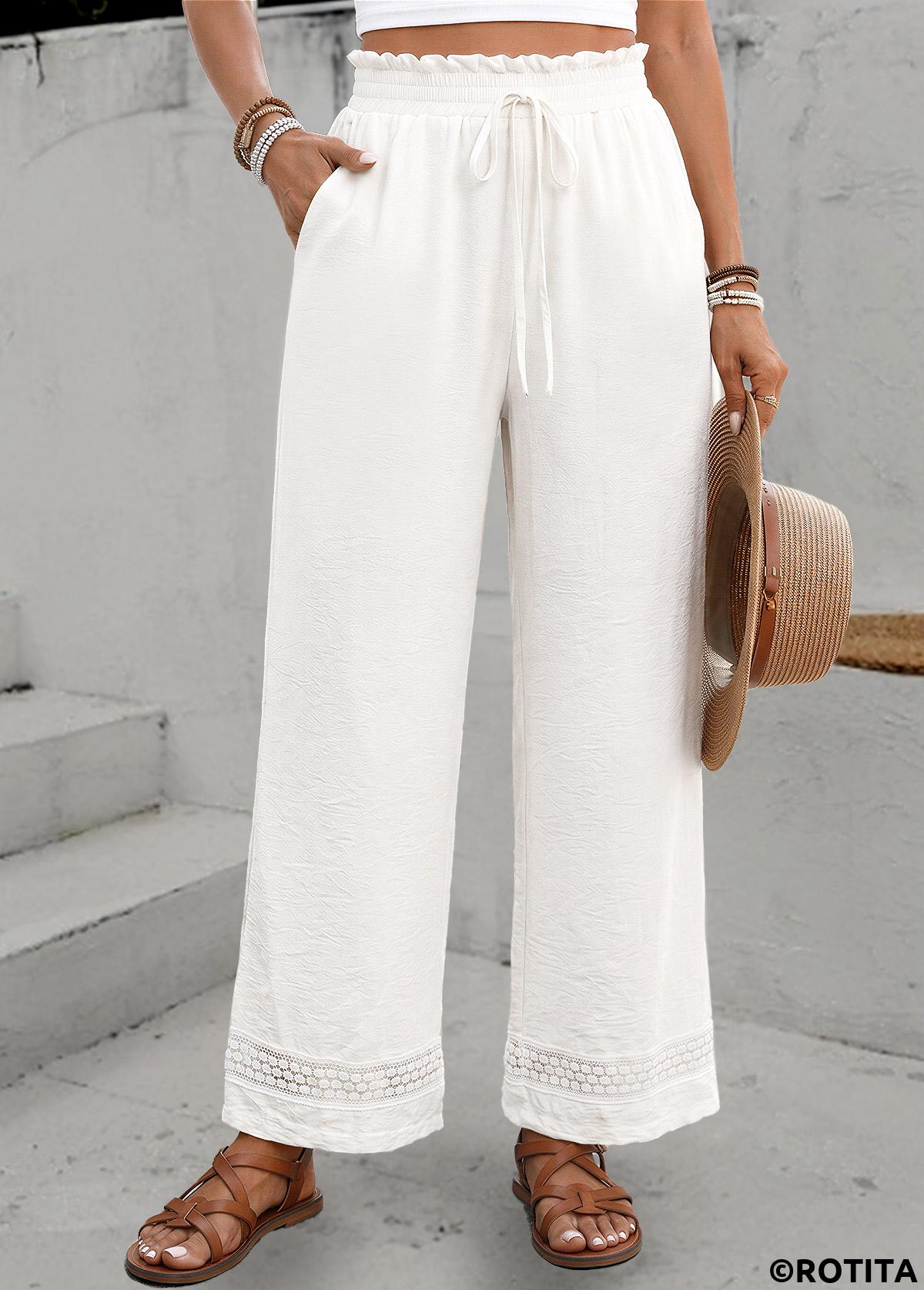White bottoms,Plain Color bottoms,White Elastic Waist High Waisted Pants