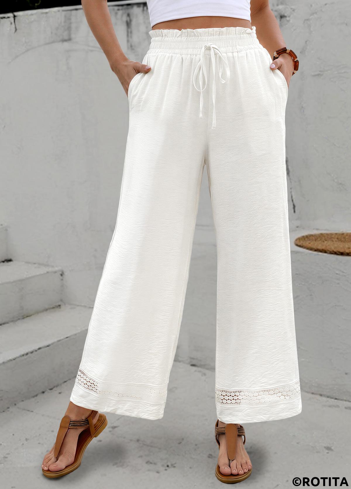 White bottoms,Plain Color bottoms,White Elastic Waist High Waisted Pants