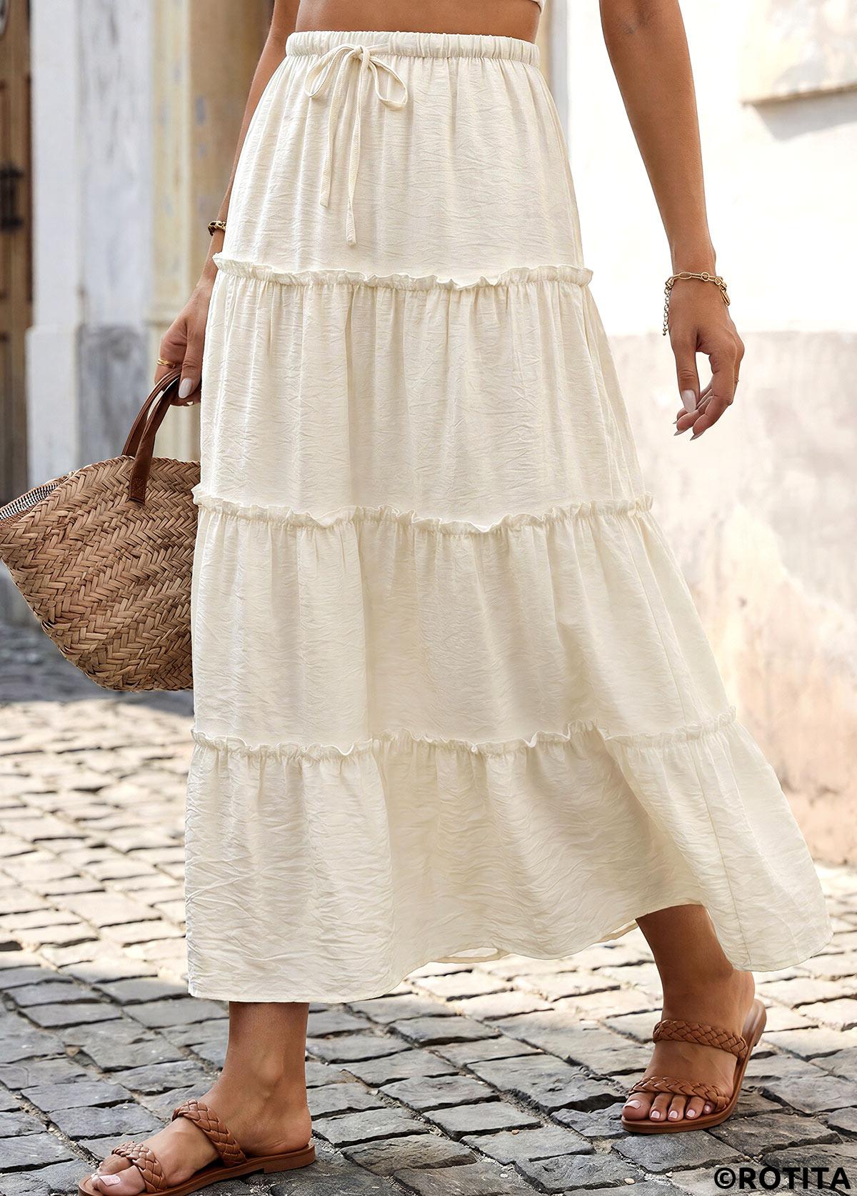 Beige bottoms,Plain Color bottoms,Beige Maxi Elastic Waist A Line Skirt